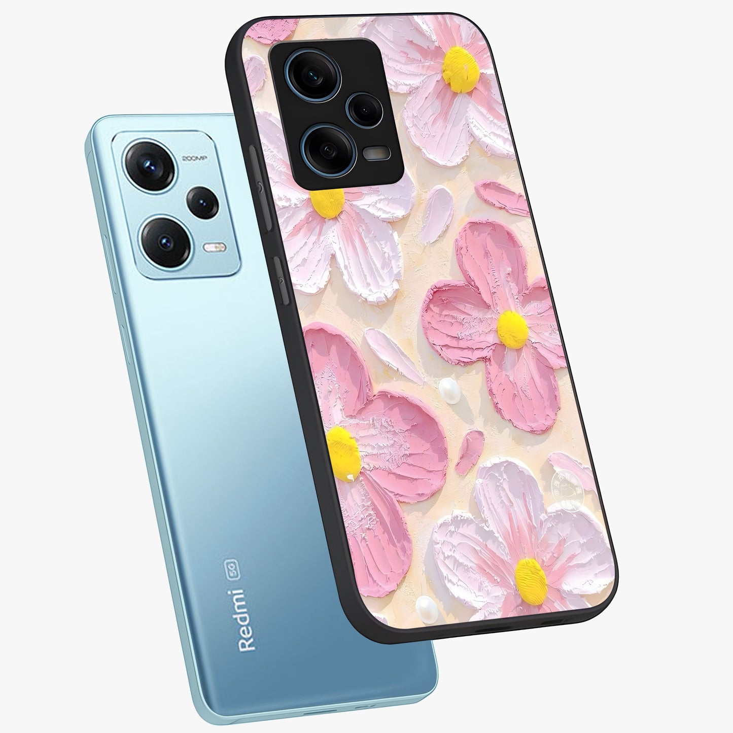 Blush Bloom Texture Glass Case displayed in angled mockup highlighting subtle bloom pattern with aesthetic pastel design.