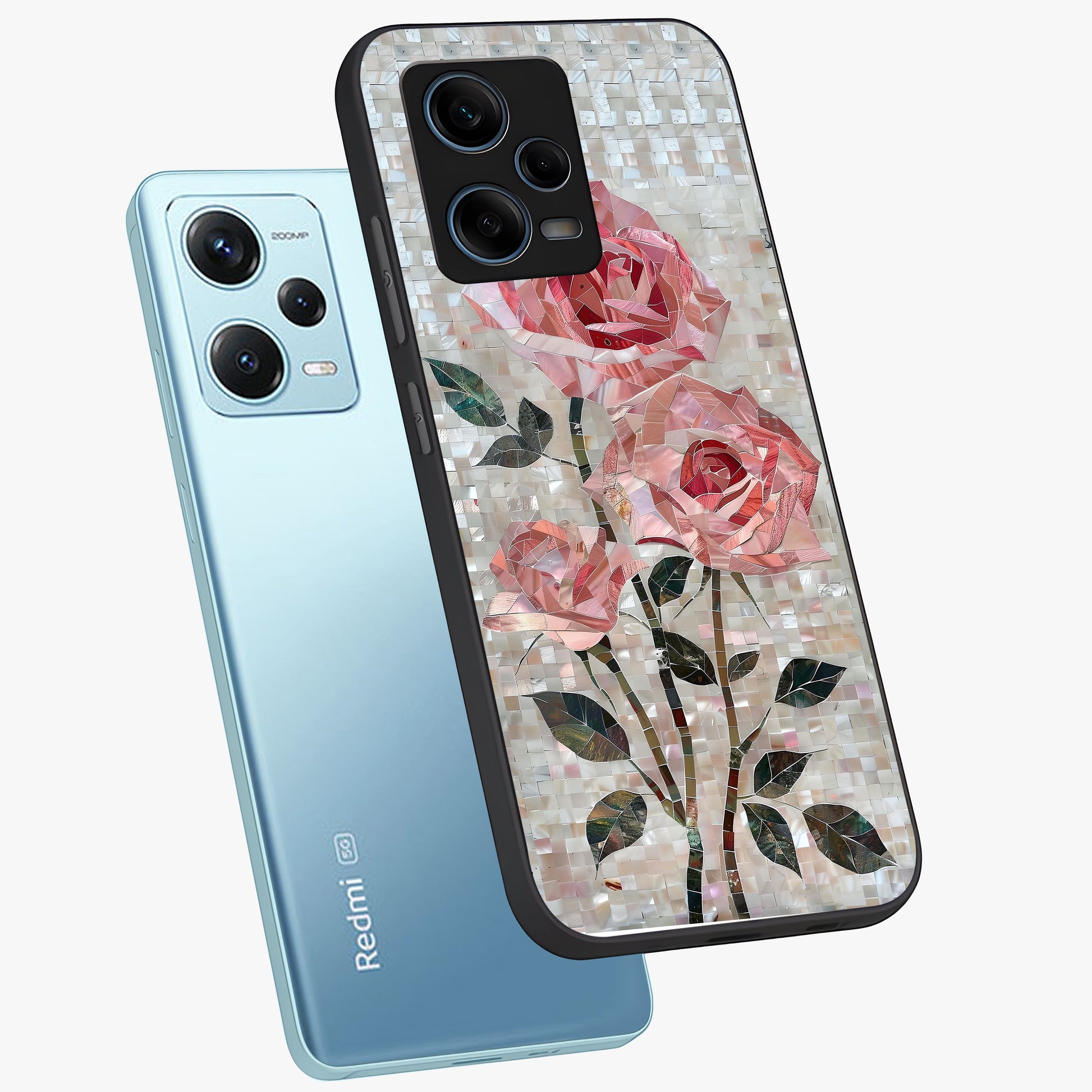 Blush Mosaic Bloom Glass Case displayed in angled mockup highlighting artistic mosaic flower pattern with aesthetic design.