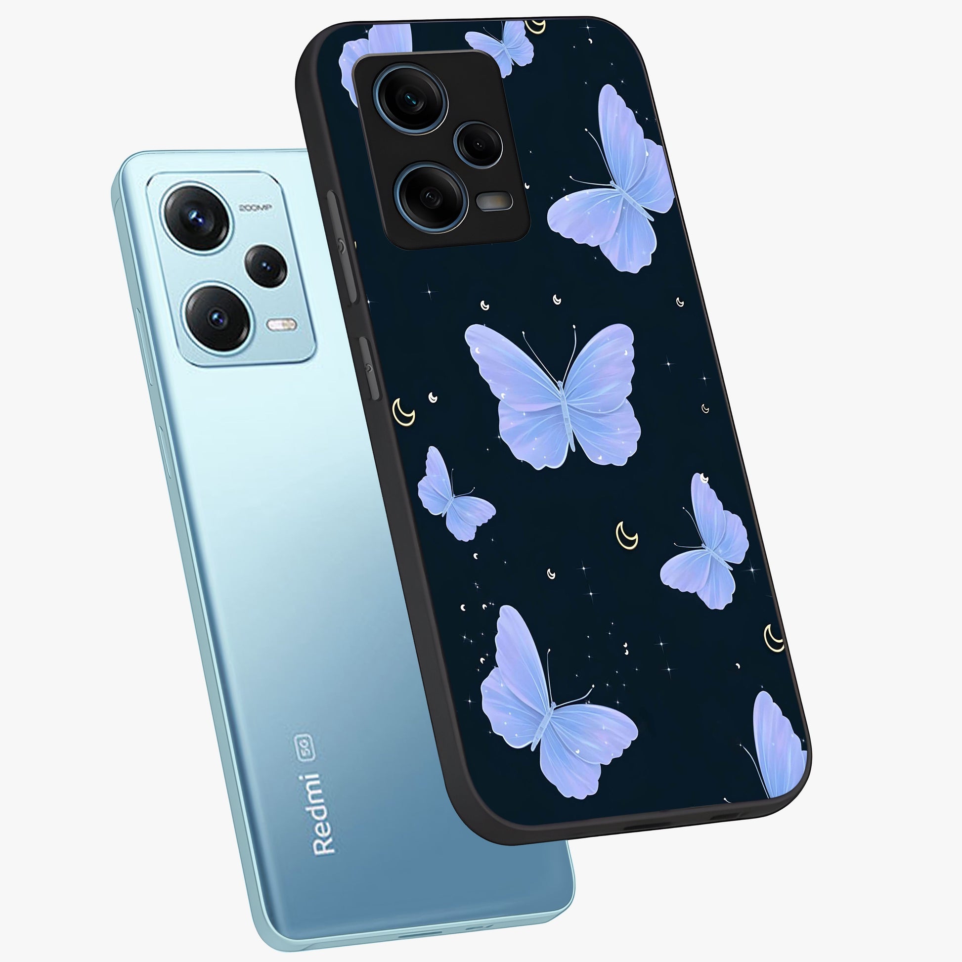Butterfly With Stars Pattern Glass Case displayed in angled mockup highlighting dreamy butterfly and star design with aesthetic theme.