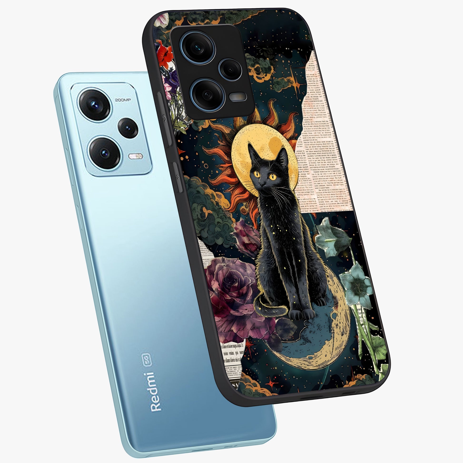 Celestial Black Cat Glass Case displayed in angled mockup highlighting cosmic black cat design with celestial aesthetic.