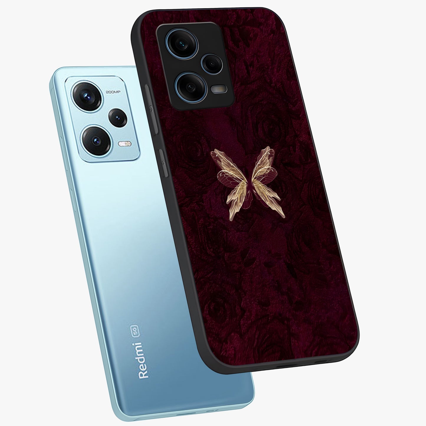 Crimson Fade Butterfly Glass Case displayed in angled mockup highlighting elegant butterfly design with crimson gradient aesthetic.