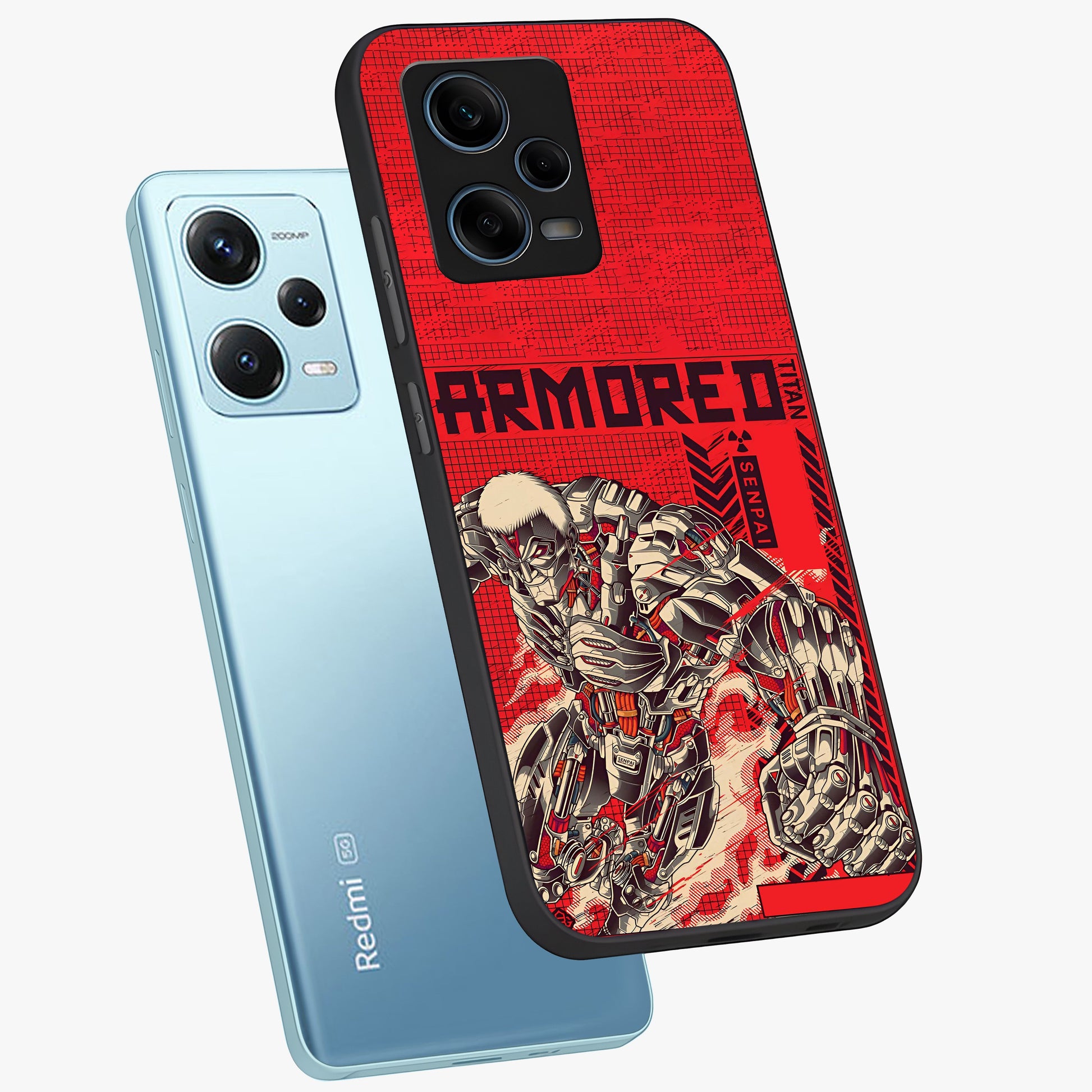 Crimson Mecha Titan Glass Case displayed in angled mockup highlighting futuristic mech illustration with bold crimson aesthetic.