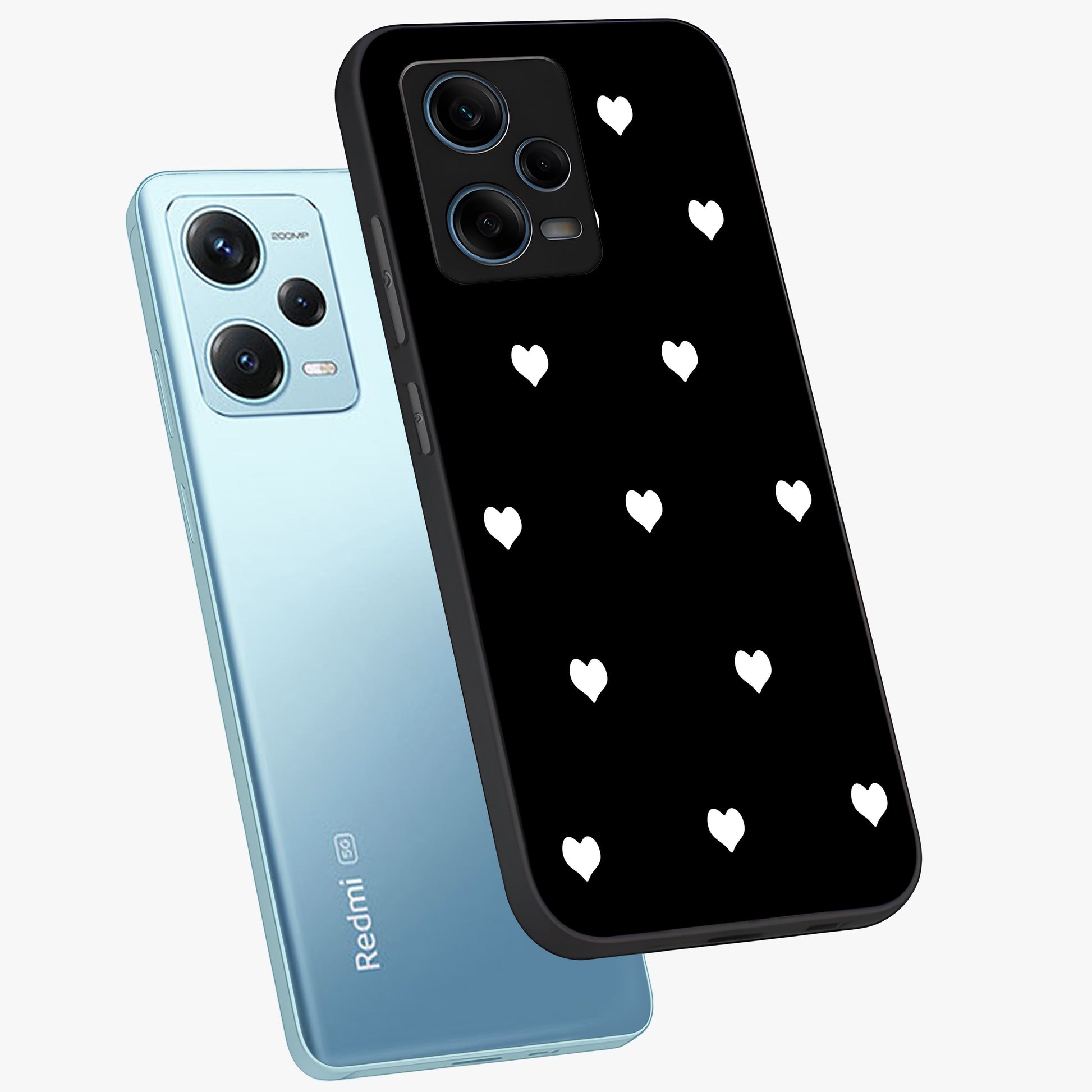 Cute And Simple White Hearts Glass Case displayed in angled mockup highlighting cute heart design with clean aesthetic style.