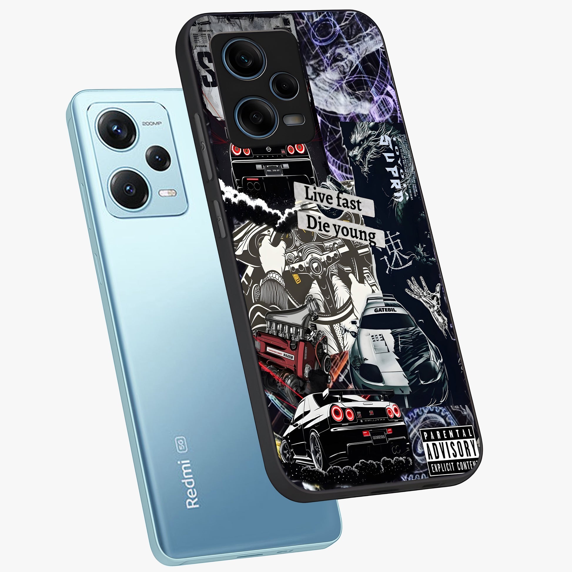 Die Young Glass Case displayed in angled mockup highlighting expressive graphic artwork with edgy aesthetic style.