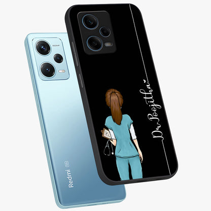 Doctor Pattern Custom Name Glass Case displayed in angled mockup highlighting doctor inspired artwork with custom name feature.