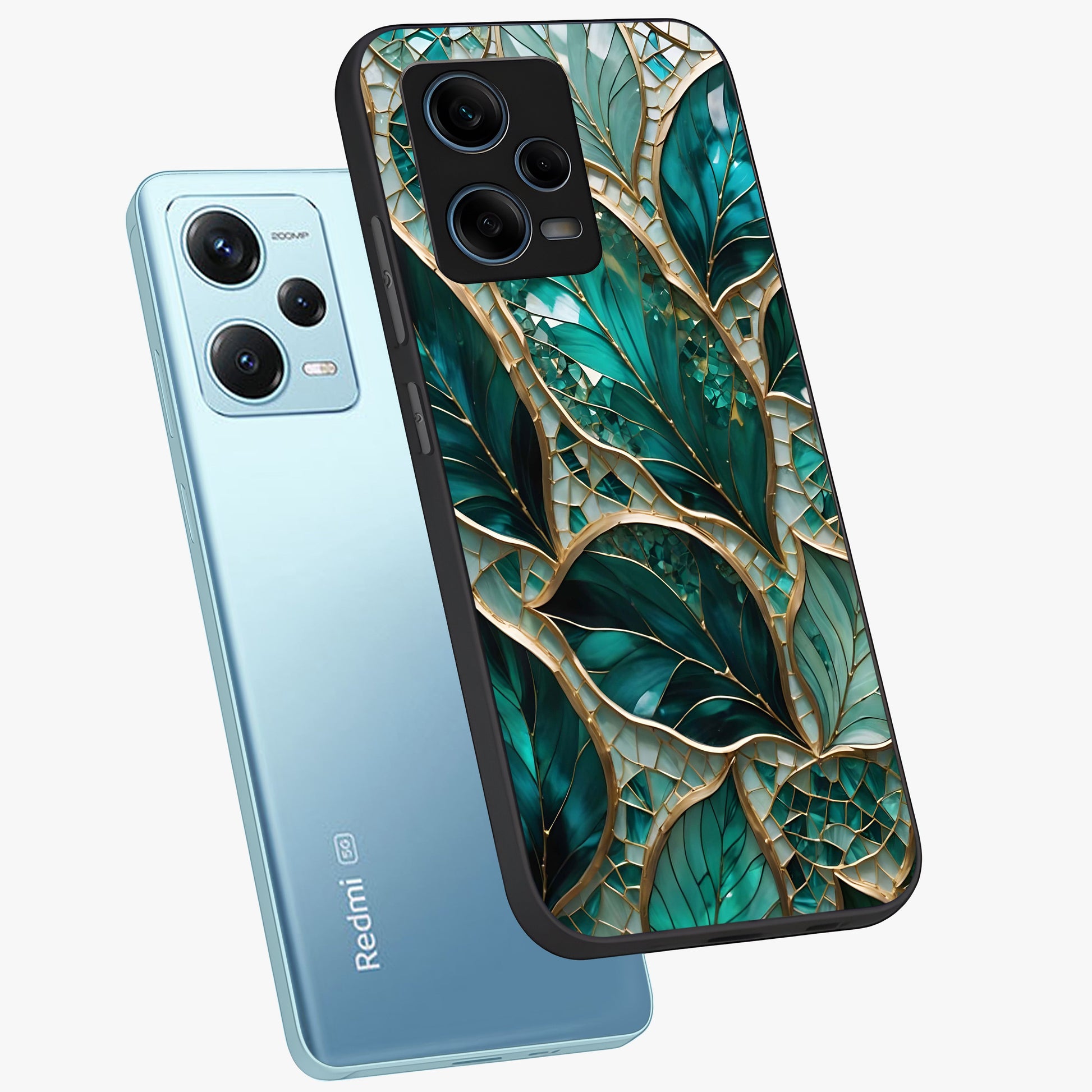 Emerald Leaf Glass Glass Case displayed in angled mockup highlighting botanical leaf illustration with elegant natural aesthetic.