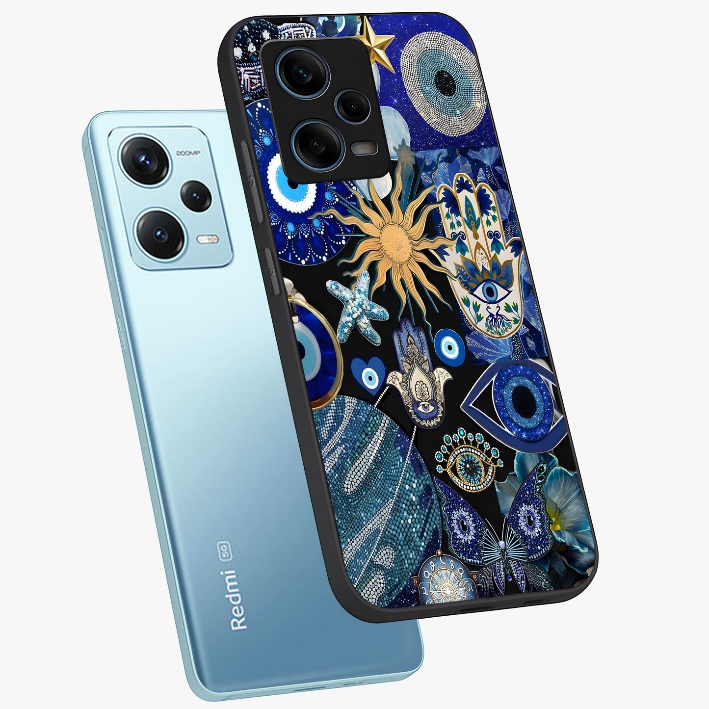 Evil Eye Charm Mix Glass Case displayed in angled mockup highlighting protective evil eye symbols with spiritual aesthetic design.