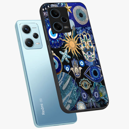 Evil Eye Charm Mix Glass Case displayed in angled mockup highlighting protective evil eye symbols with spiritual aesthetic design.