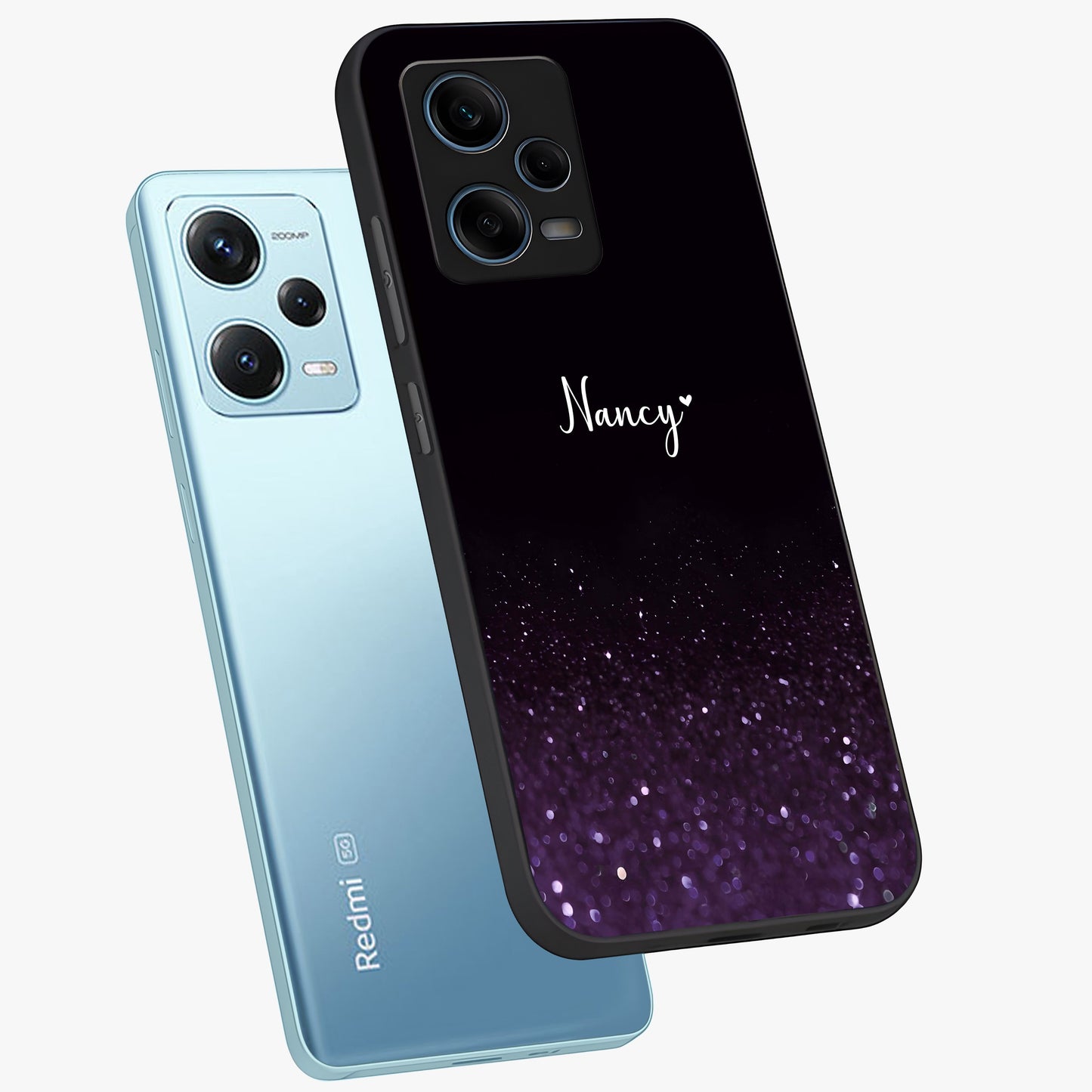 Glittery Purple Bokeh Custom Name Glass Case displayed in angled mockup highlighting glitter bokeh pattern with custom name feature.