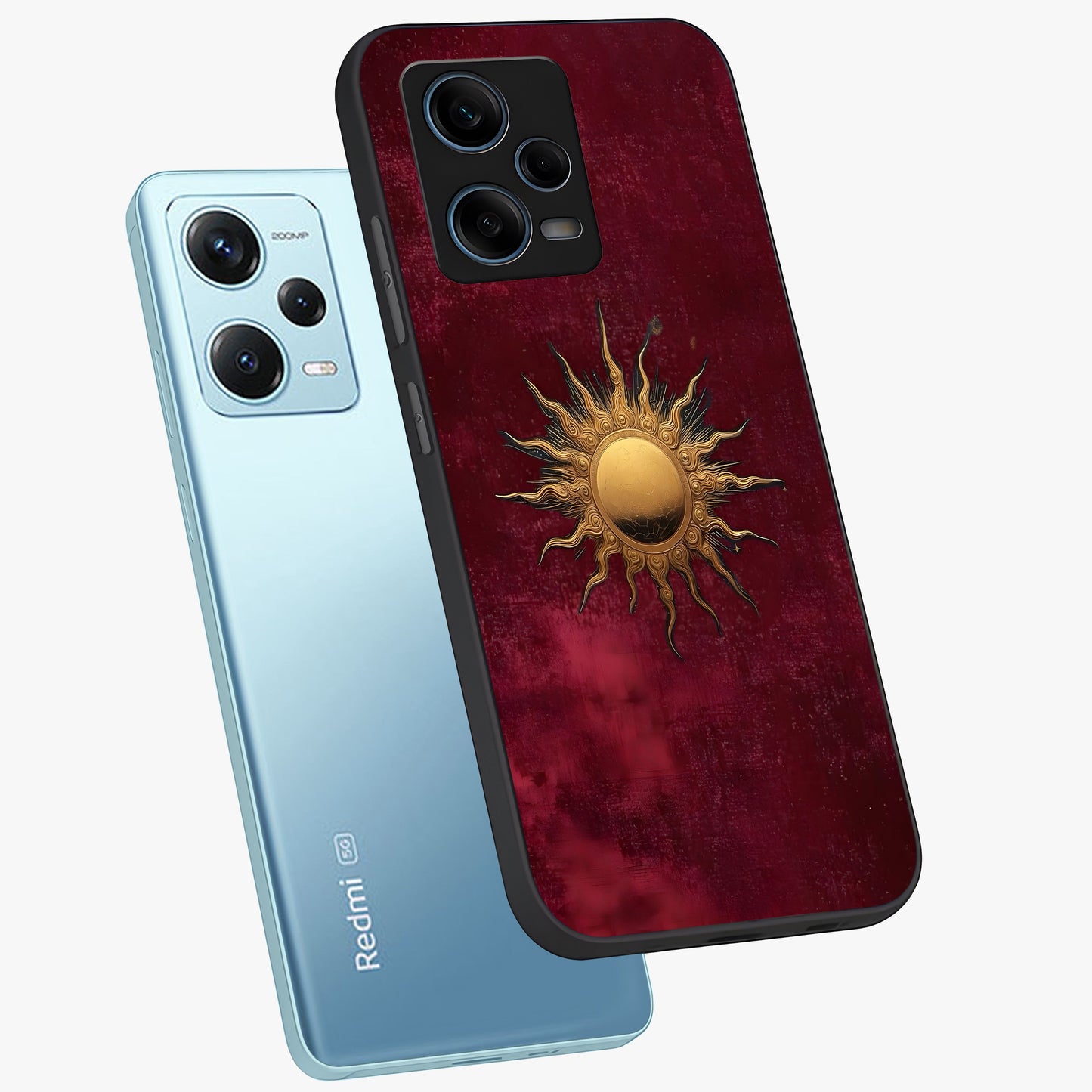 Golden Sun Minimalism Glass Case displayed in angled mockup highlighting clean sun symbol design with modern minimal aesthetic.