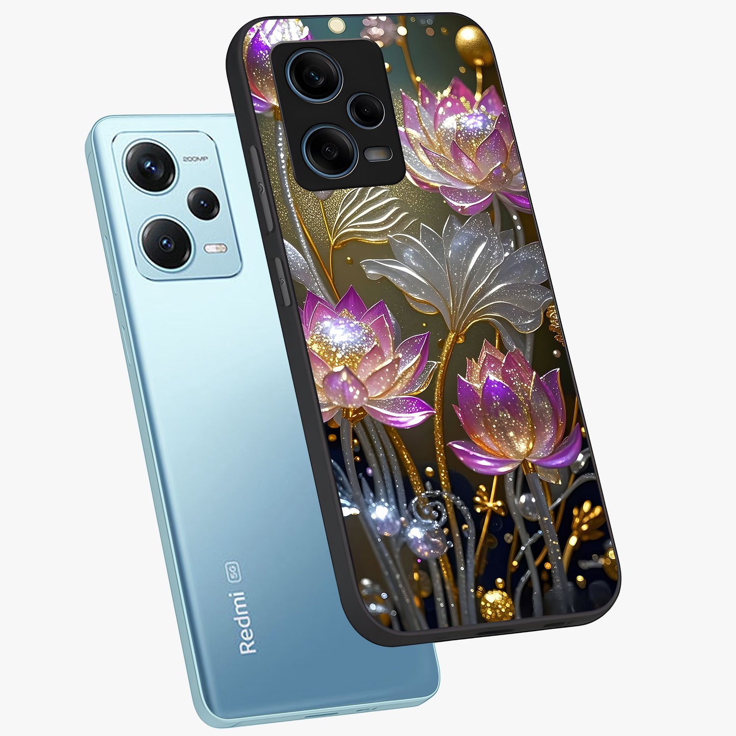 Golden Floral Majesty Glass Case displayed in angled mockup highlighting elegant flower design with royal golden aesthetic.