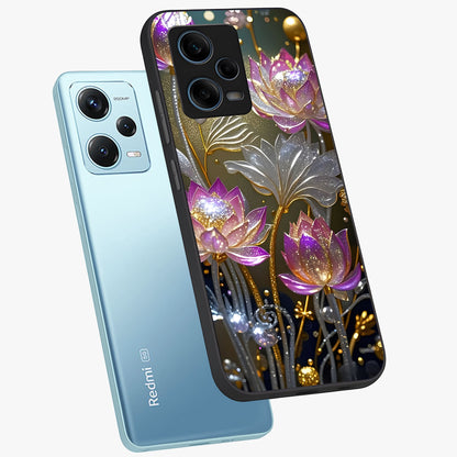 Golden Floral Majesty Glass Case displayed in angled mockup highlighting elegant flower design with royal golden aesthetic.