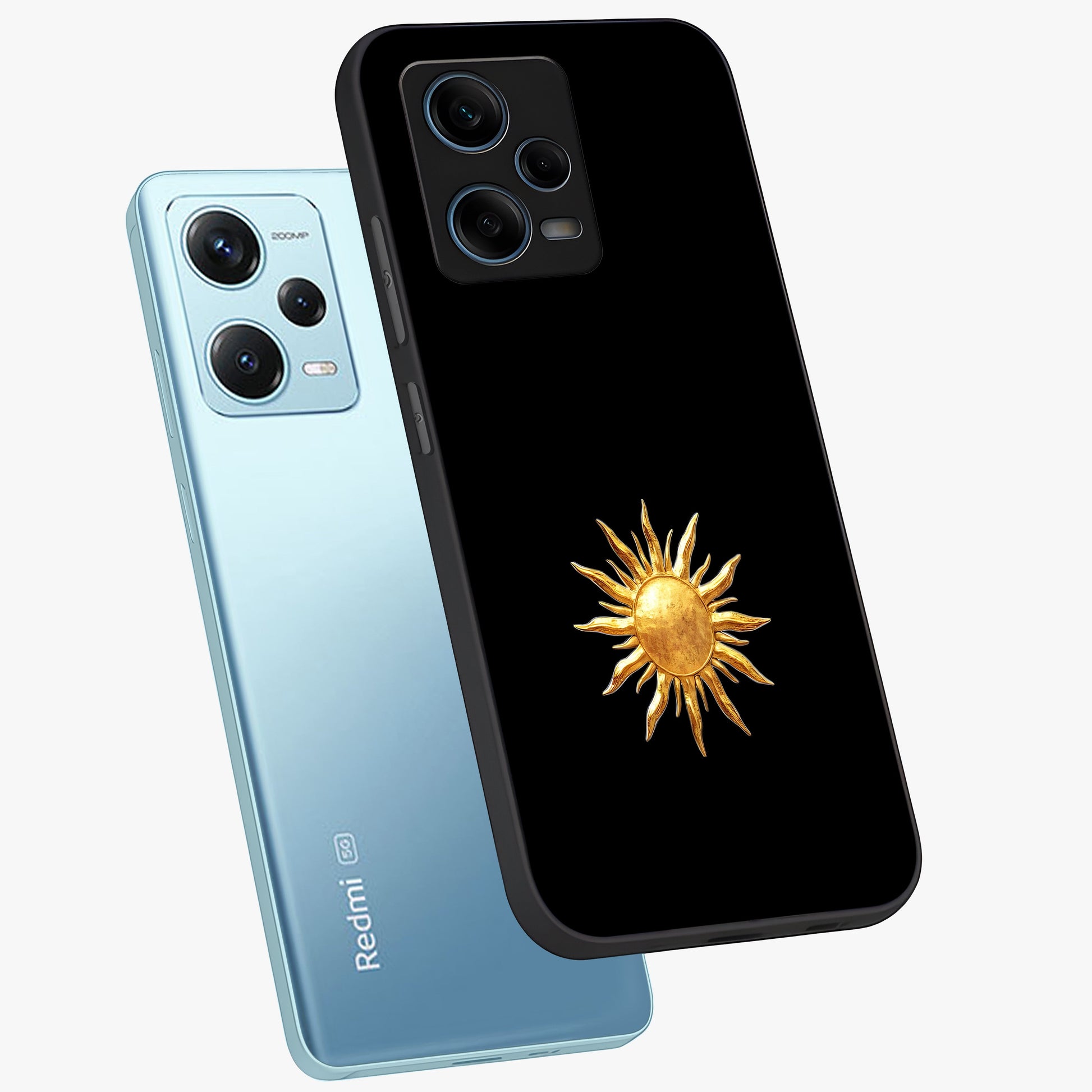 Golden Sun Minimalism Glass Case displayed in angled mockup highlighting eerie shadow illustration with gothic aesthetic.