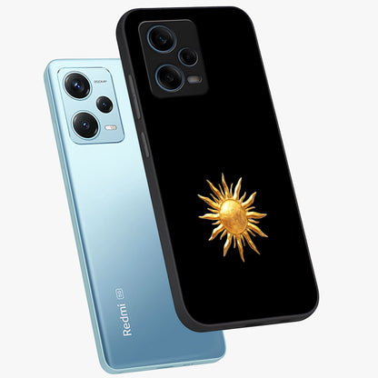 Golden Sun Minimalism Glass Case displayed in angled mockup highlighting eerie shadow illustration with gothic aesthetic.