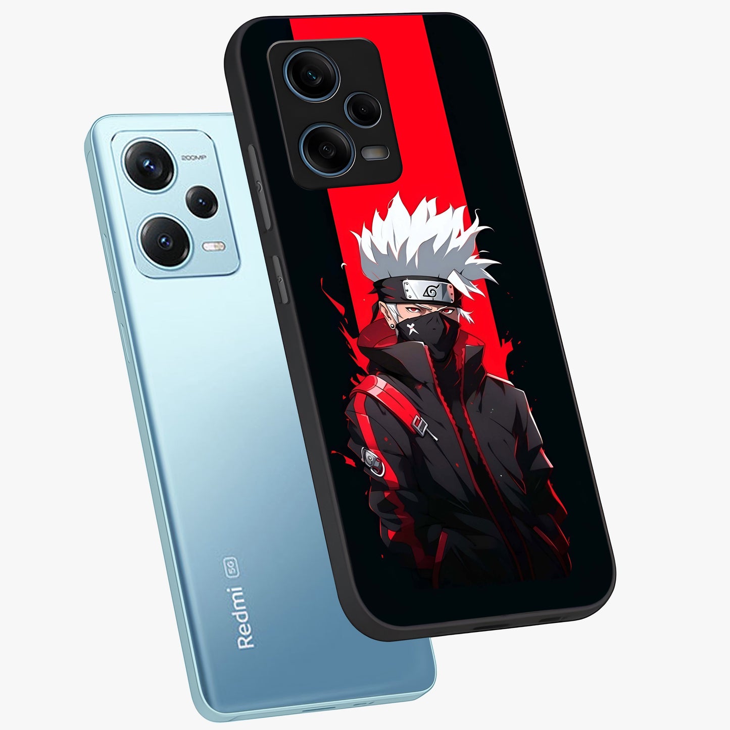 Kakashi Scarlet Shadow Glass Case displayed in angled mockup highlighting dramatic ninja illustration with scarlet themed aesthetic.