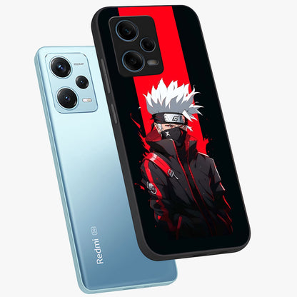 Kakashi Scarlet Shadow Glass Case displayed in angled mockup highlighting dramatic ninja illustration with scarlet themed aesthetic.