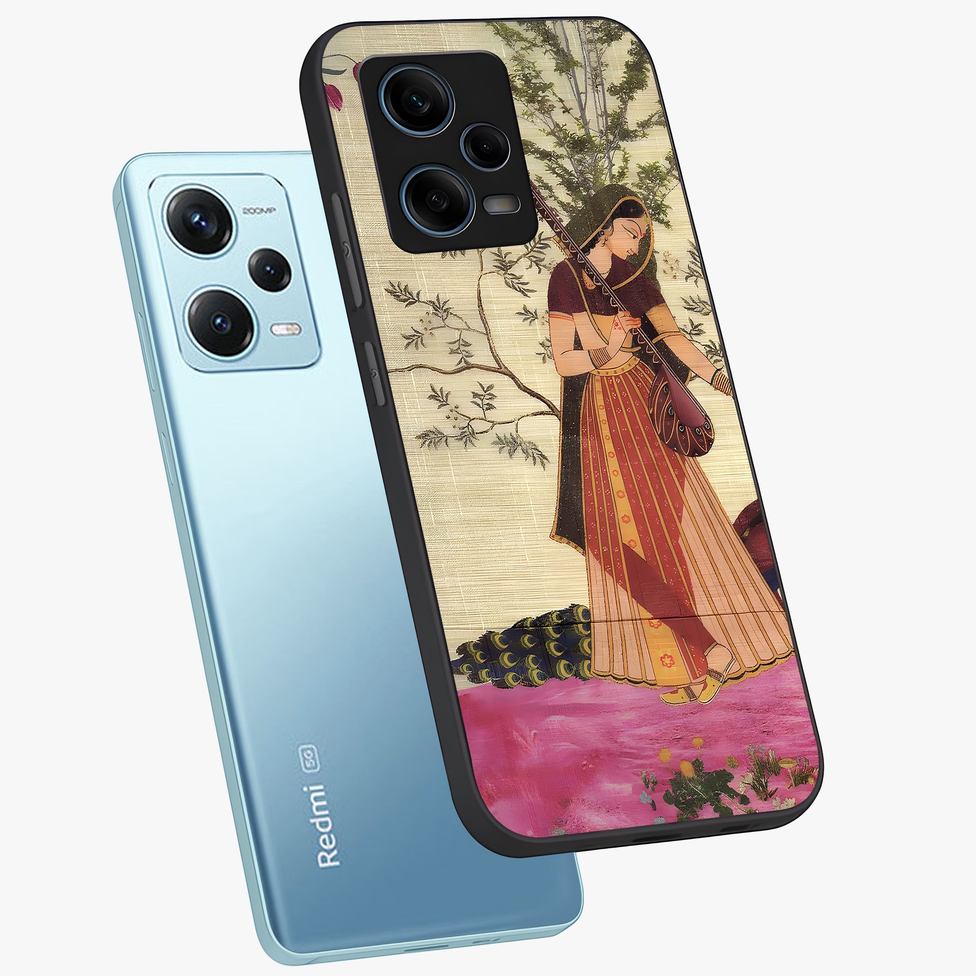Lady With Veena Art Glass Case displayed in angled mockup highlighting graceful musical illustration with cultural artistic aesthetic.