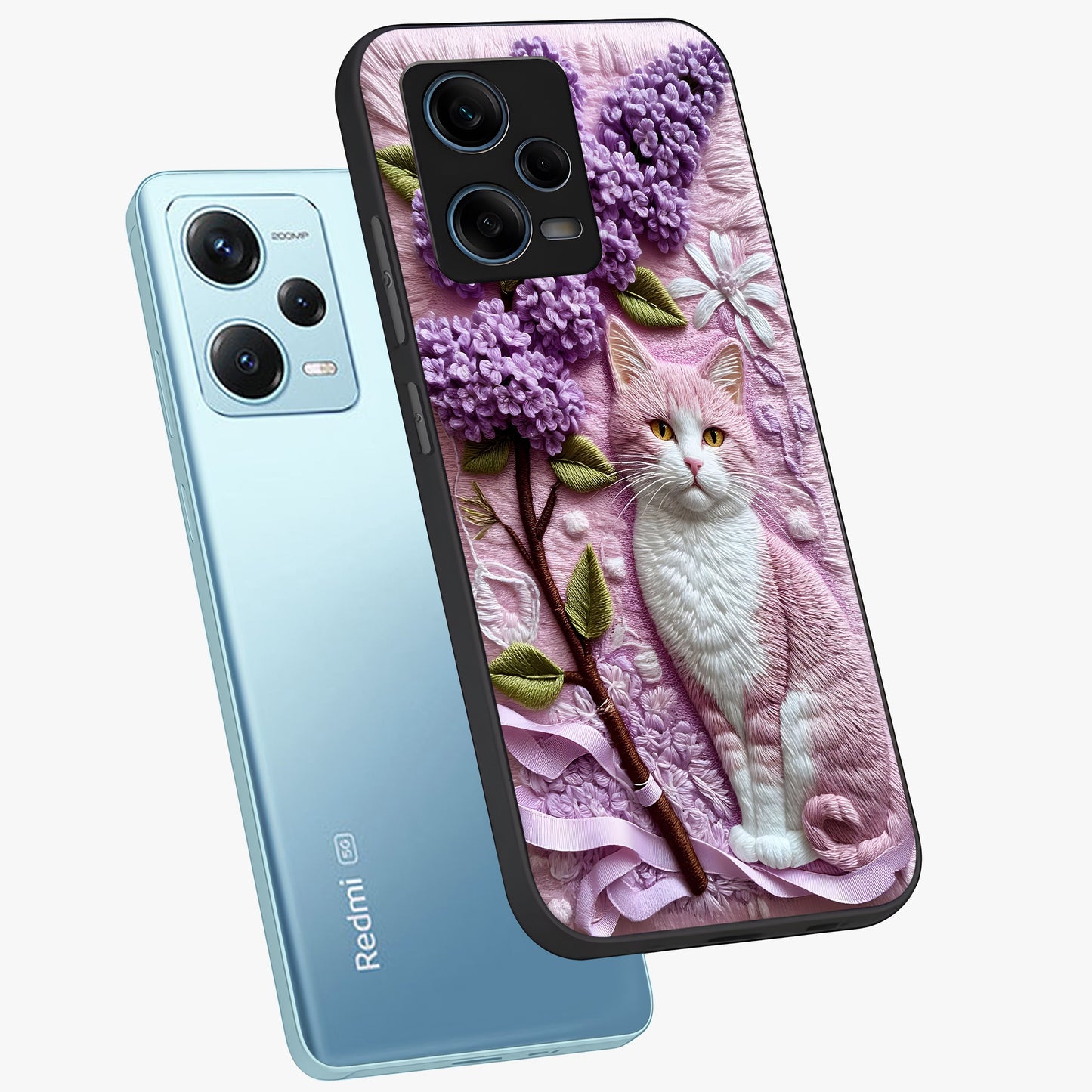 Lavender Cat Whimsy Glass Case displayed in angled mockup highlighting playful feline illustration with pastel lavender aesthetic.