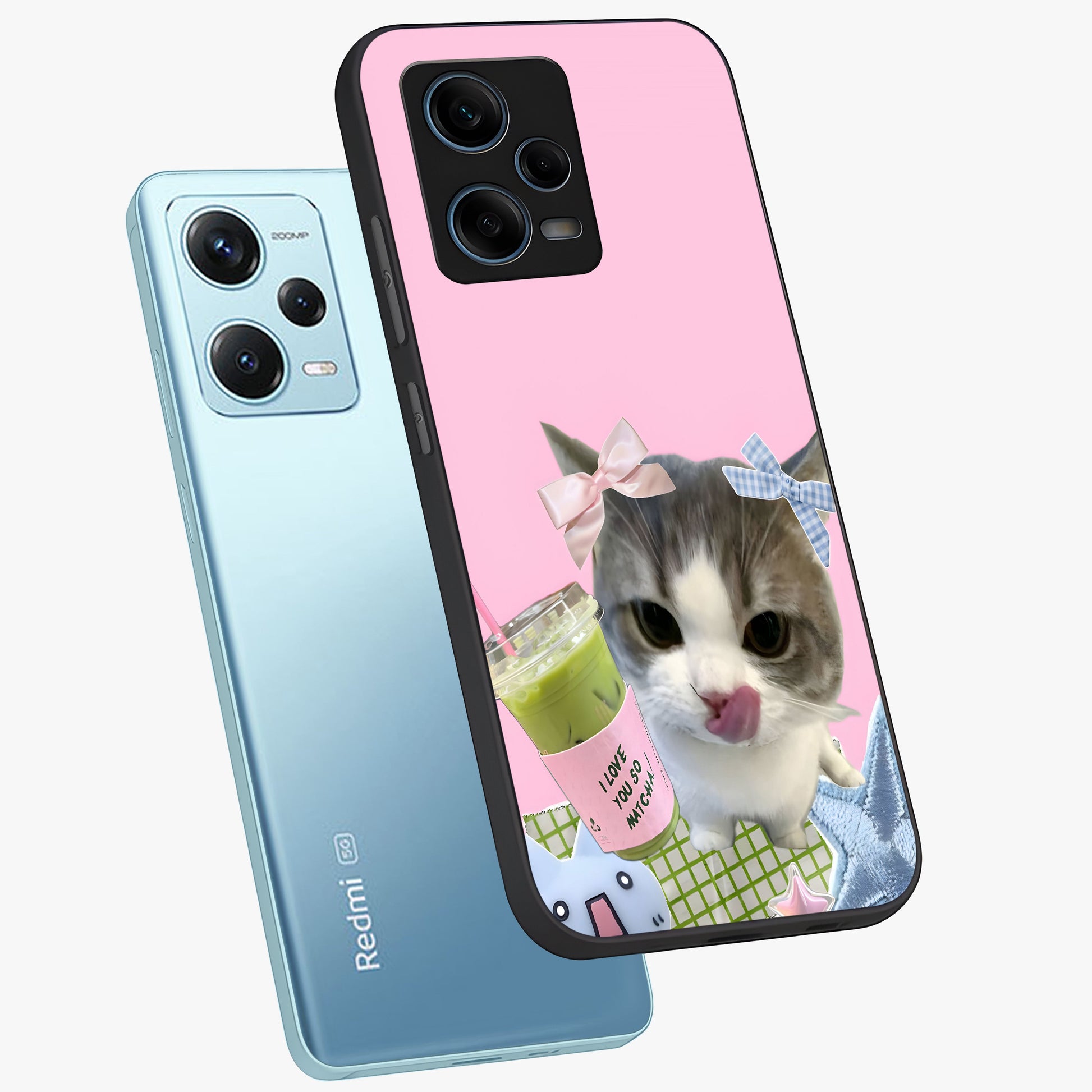 Love Matcha Cat Glass Case displayed in angled mockup highlighting playful feline illustration with cozy matcha aesthetic.