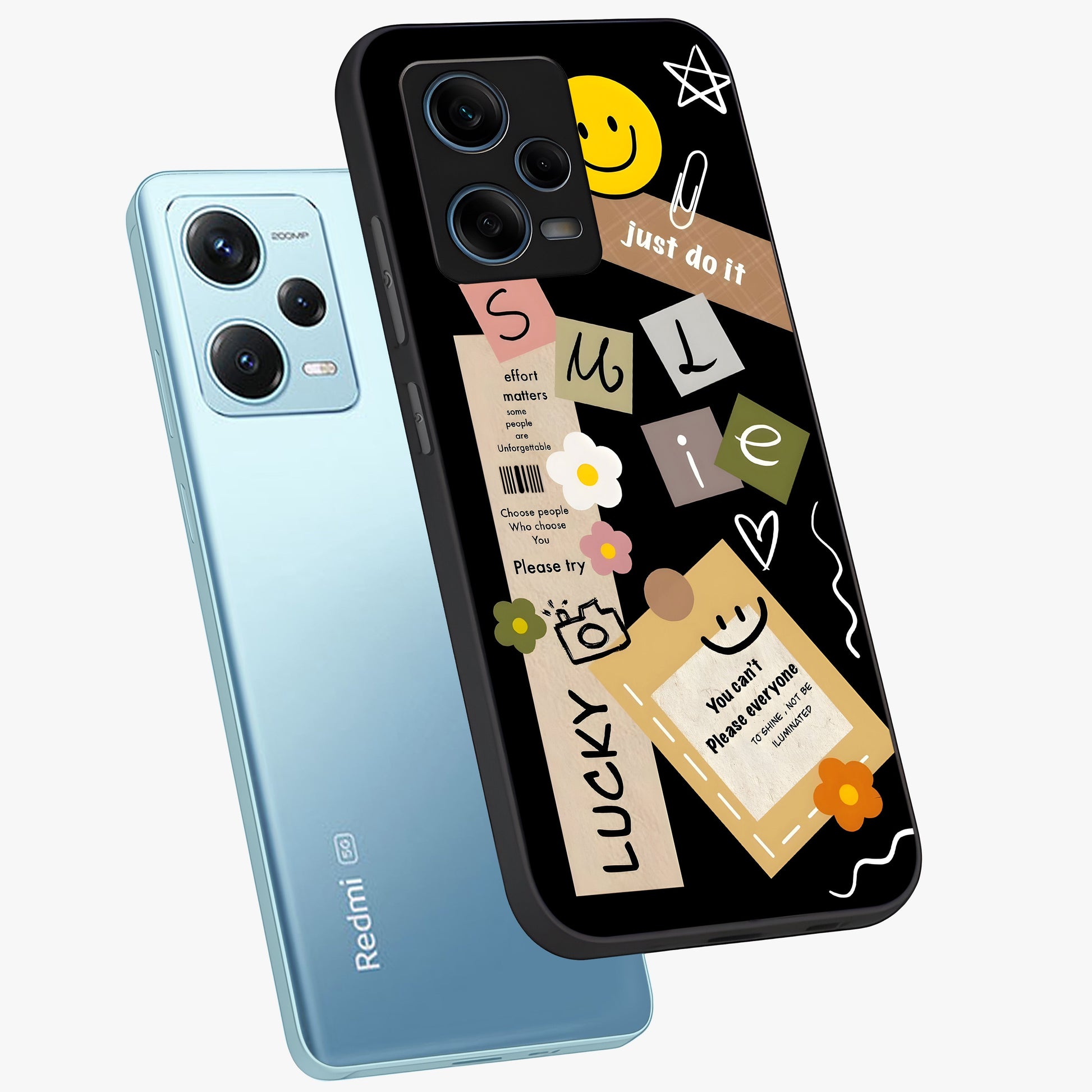Lucky Aesthetic Collage Glass Case displayed in angled mockup highlighting stylish collage pattern with modern aesthetic vibe.
