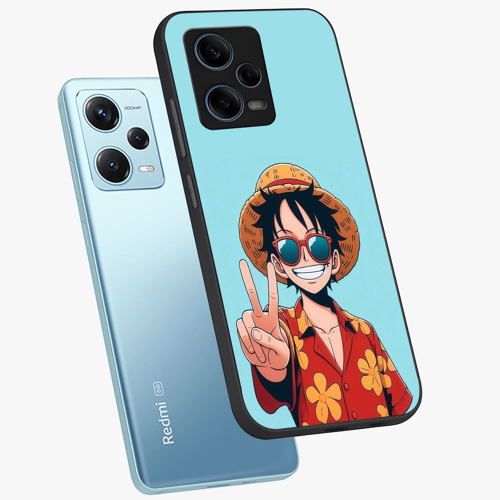Luffy Summer Anime Vibe Glass Case displayed in angled mockup highlighting energetic anime illustration with summer vibe aesthetic.