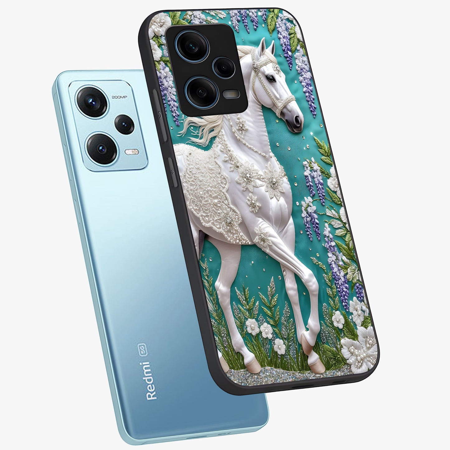Majestic Floral Stallion Glass Case displayed in angled mockup highlighting majestic stallion illustration with elegant floral aesthetic.