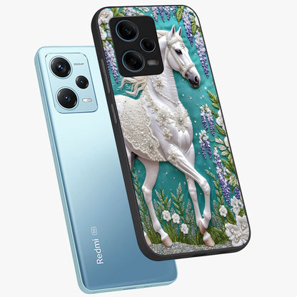 Majestic Floral Stallion Glass Case displayed in angled mockup highlighting majestic stallion illustration with elegant floral aesthetic.