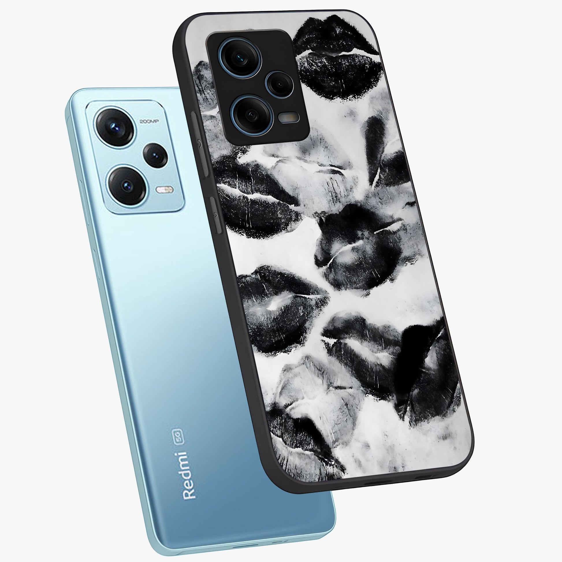 Midnight Kiss Marks Glass Case displayed in angled mockup highlighting playful romantic design with bold midnight aesthetic.