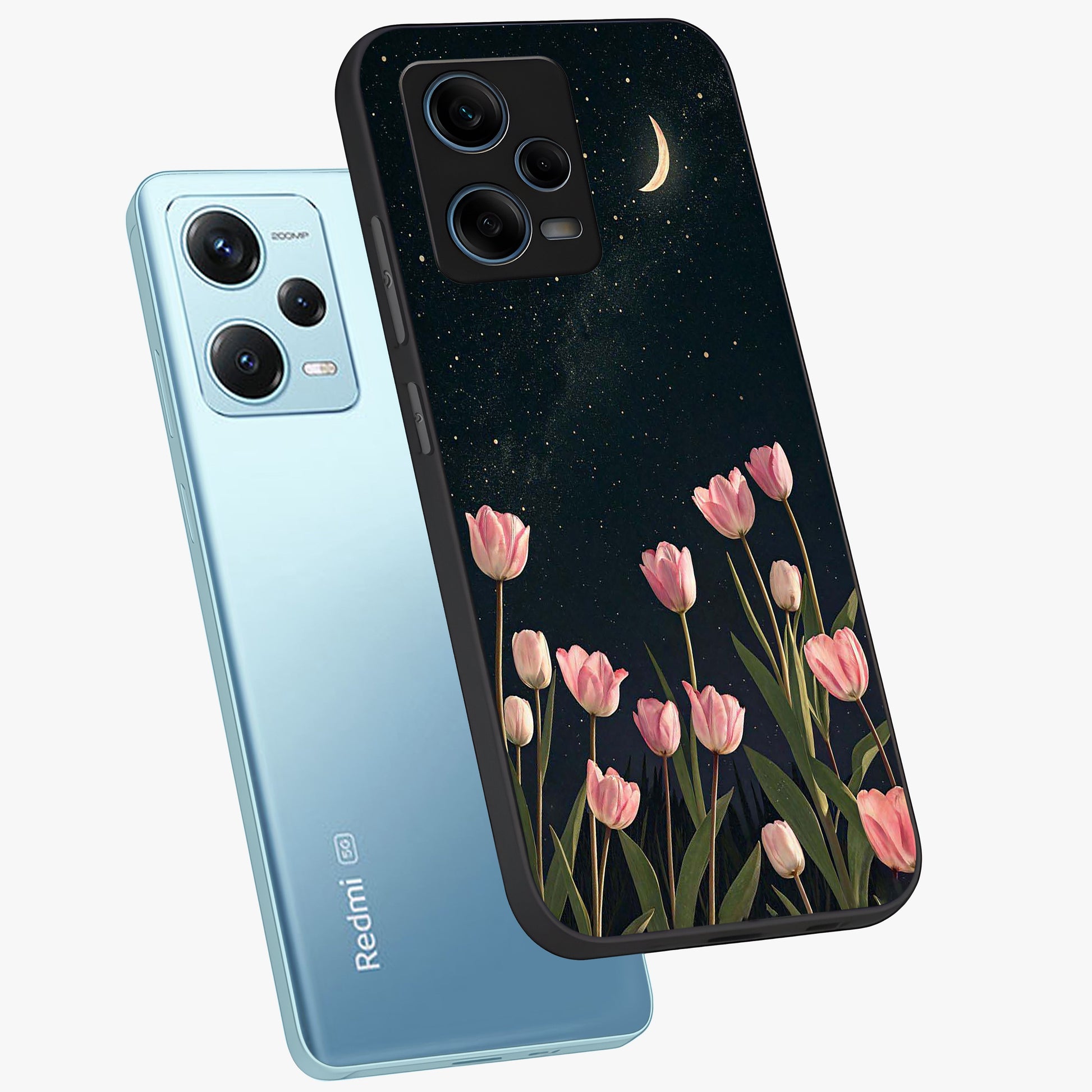 Midnight Tulip Whispers Vibe Glass Case displayed in angled mockup highlighting delicate tulip design with midnight floral aesthetic.