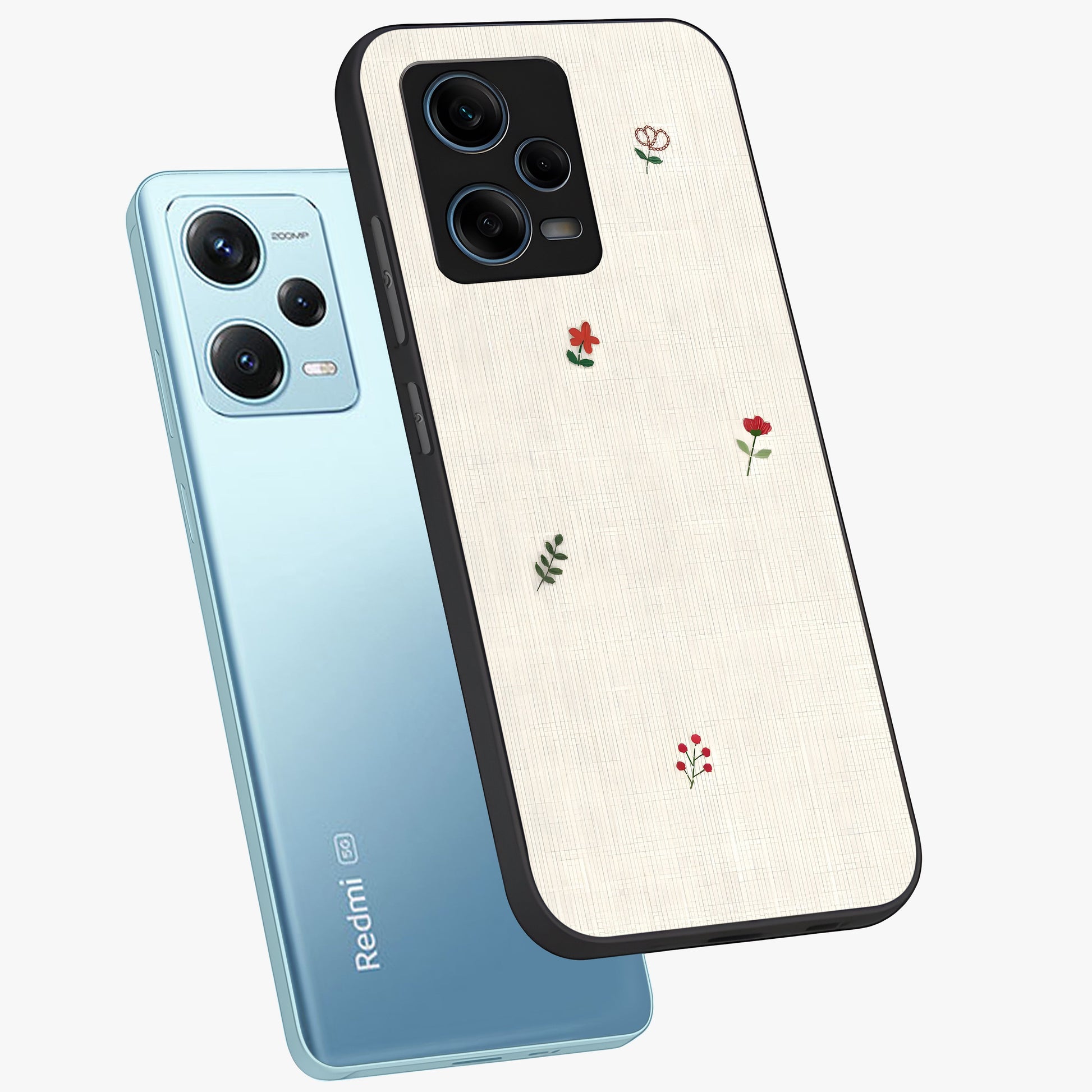 Minimalistic Blue With White Flower Pattern Glass Case displayed in angled mockup highlighting simple floral design with minimal aesthetic.