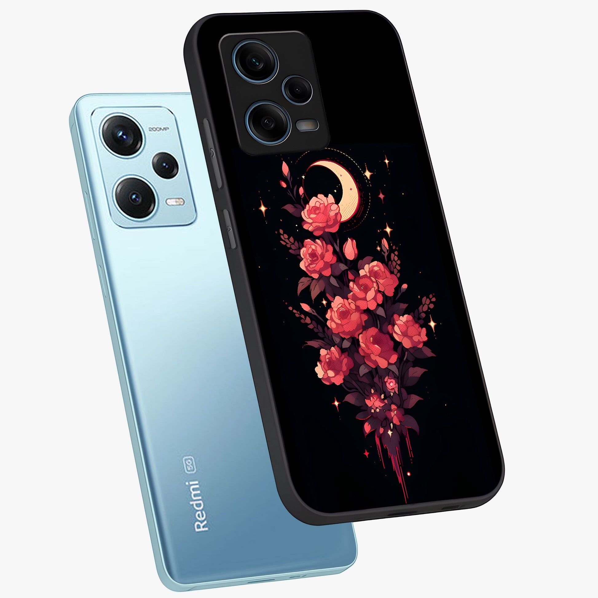 Moonlit Floral Elegance Glass Case displayed in angled mockup highlighting graceful flower design with soft moonlight aesthetic.