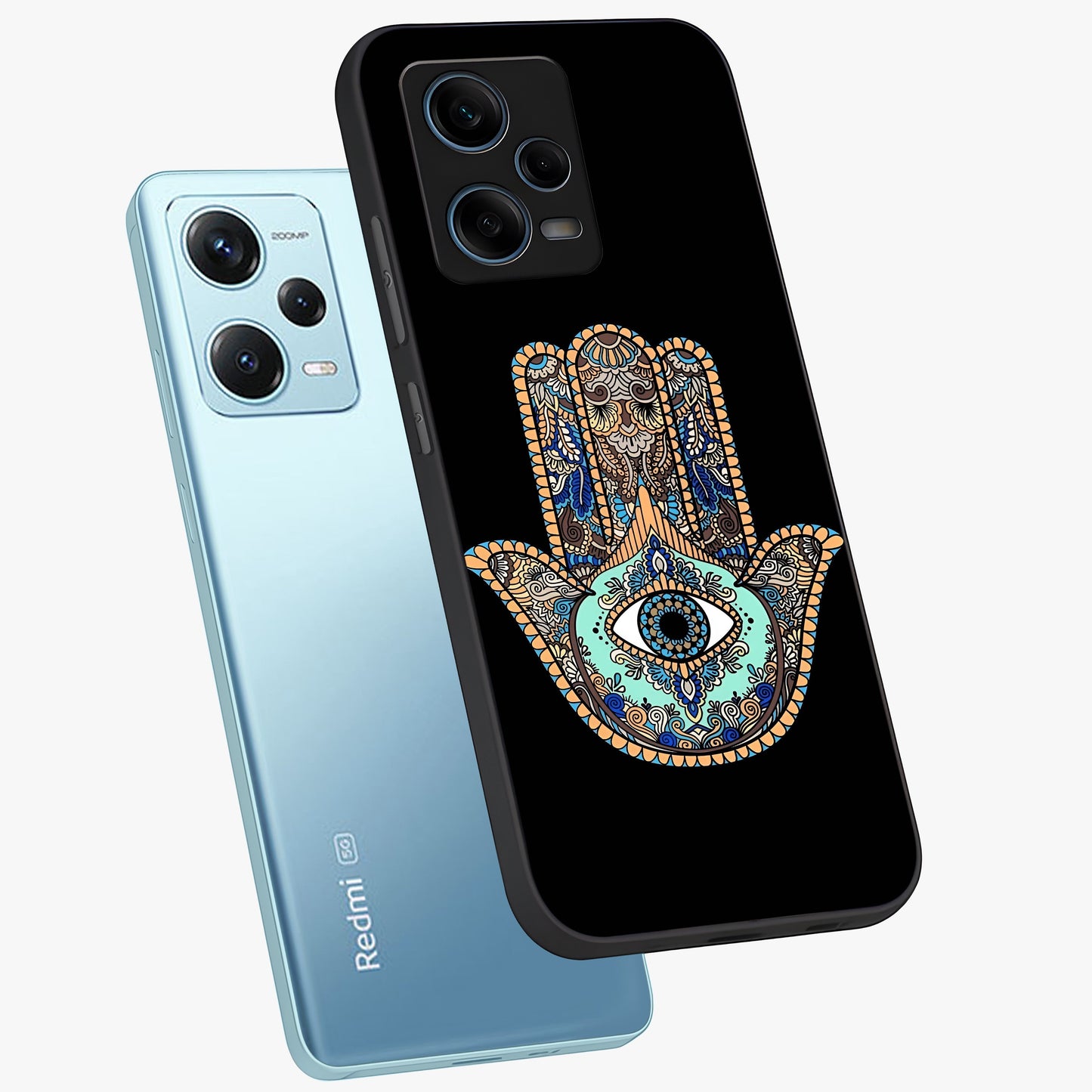 Mystic Hamsa Eye Glass Case displayed in angled mockup highlighting spiritual hamsa symbol with mystical aesthetic style.