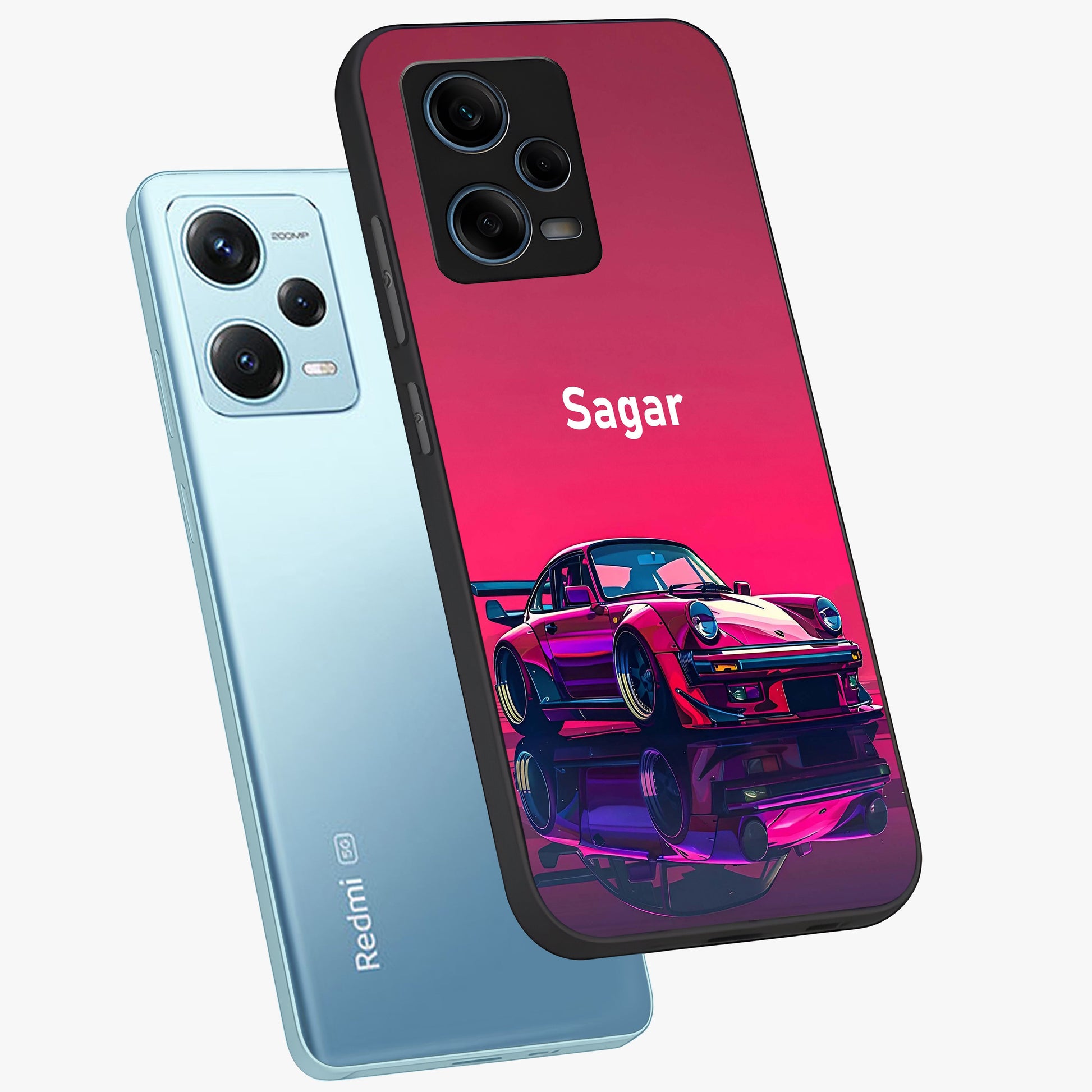 Neon Pink Porsche Glass Case displayed in angled mockup highlighting sleek neon pink car design with racing aesthetic.