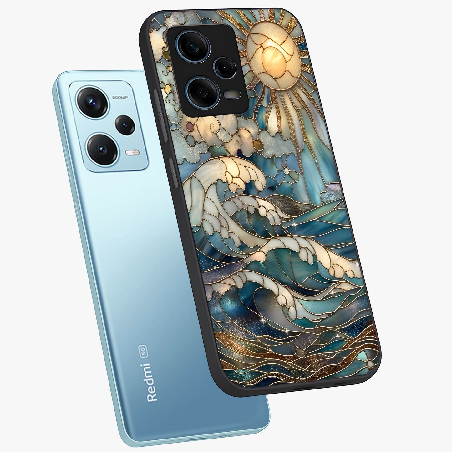 Oceanic Stained Printed Glass Case displayed in angled mockup highlighting colorful aquatic design with artistic aesthetic style.