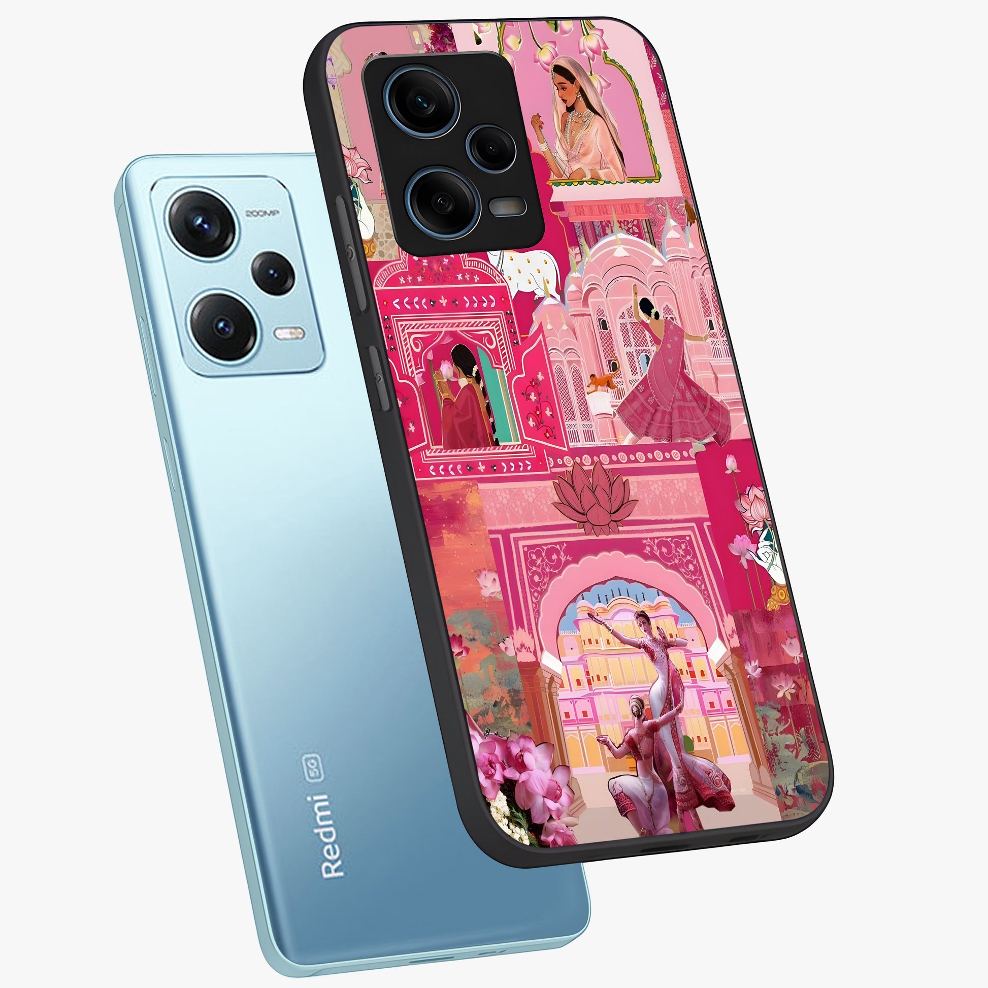 Pink Palace Muse Glass Case displayed in angled mockup highlighting dreamy palace illustration with soft pink aesthetic.