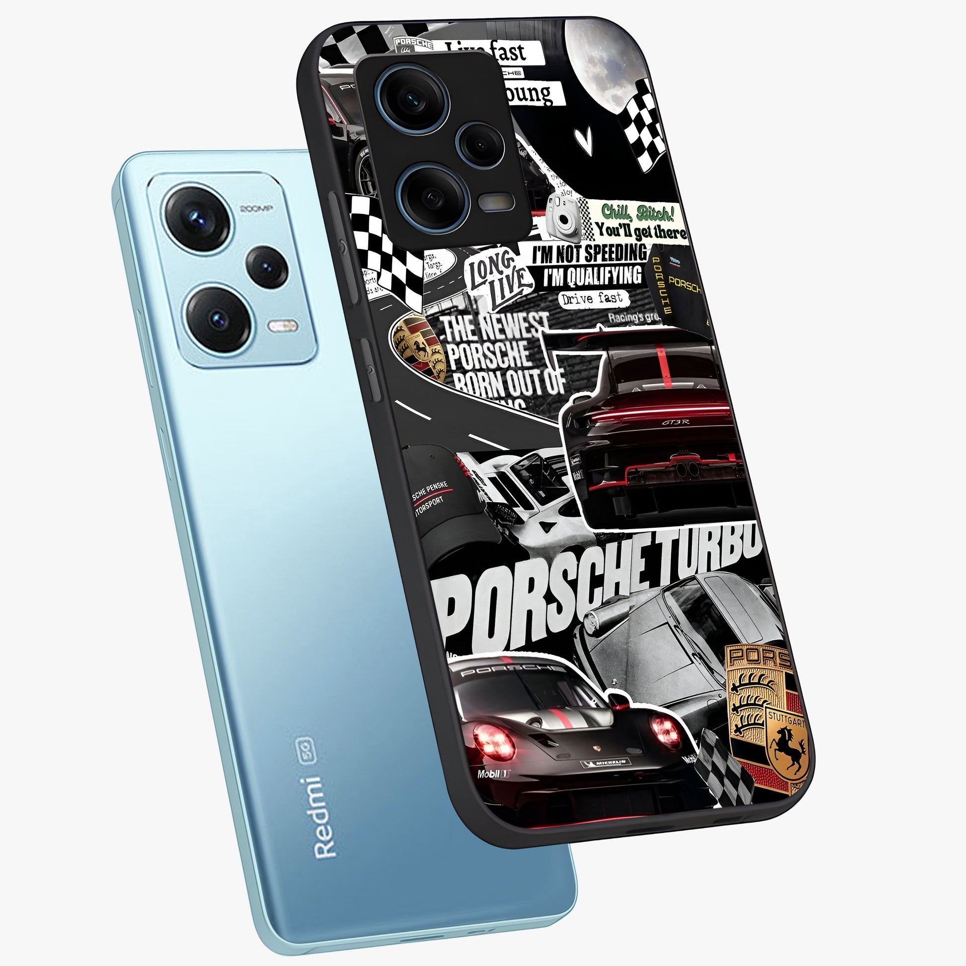 Porsche Racing Collage Glass Case displayed in angled mockup highlighting dynamic automotive design with bold racing aesthetic.