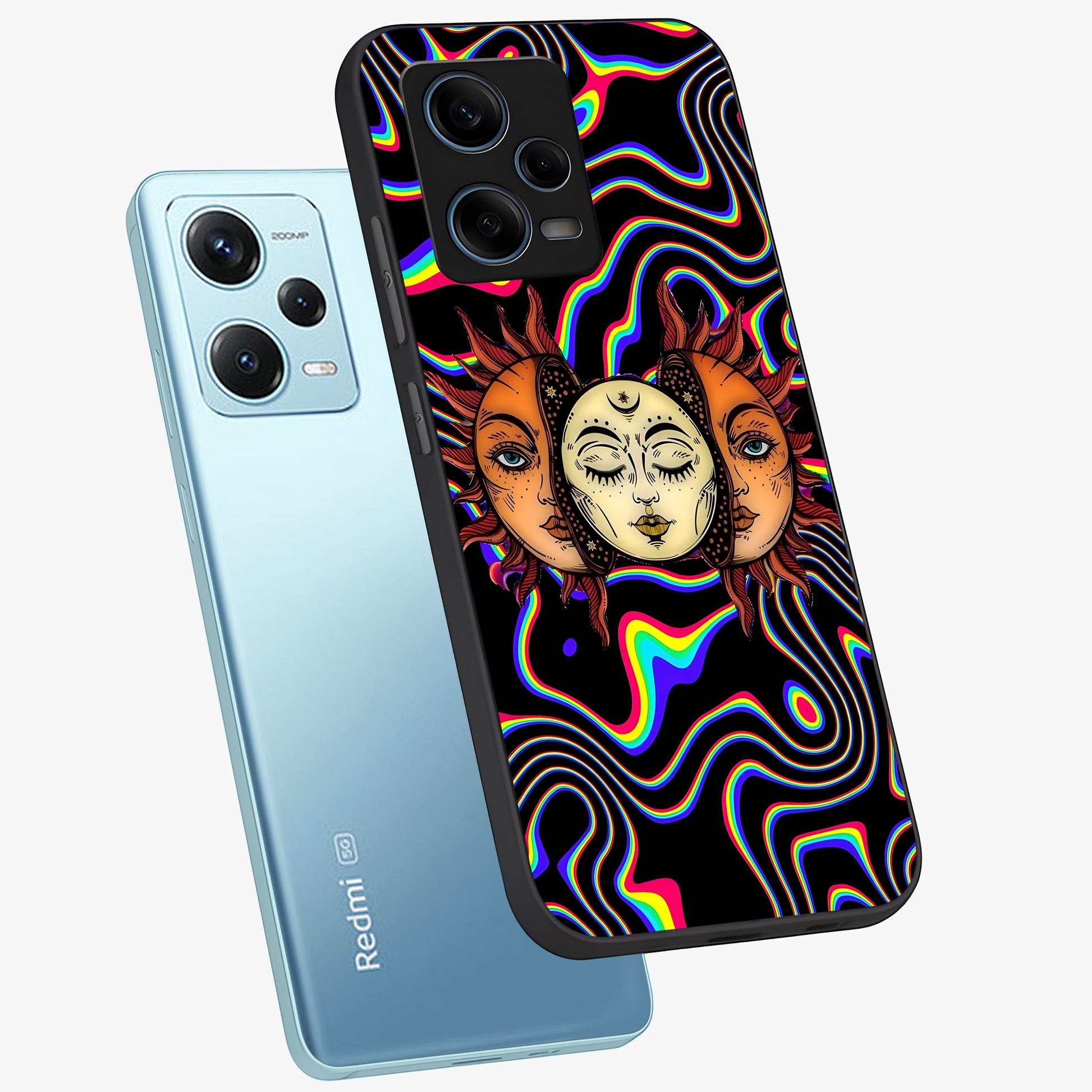 Psychedelic Sun Glass Case displayed in angled mockup highlighting vibrant abstract sun design with artistic aesthetic style.