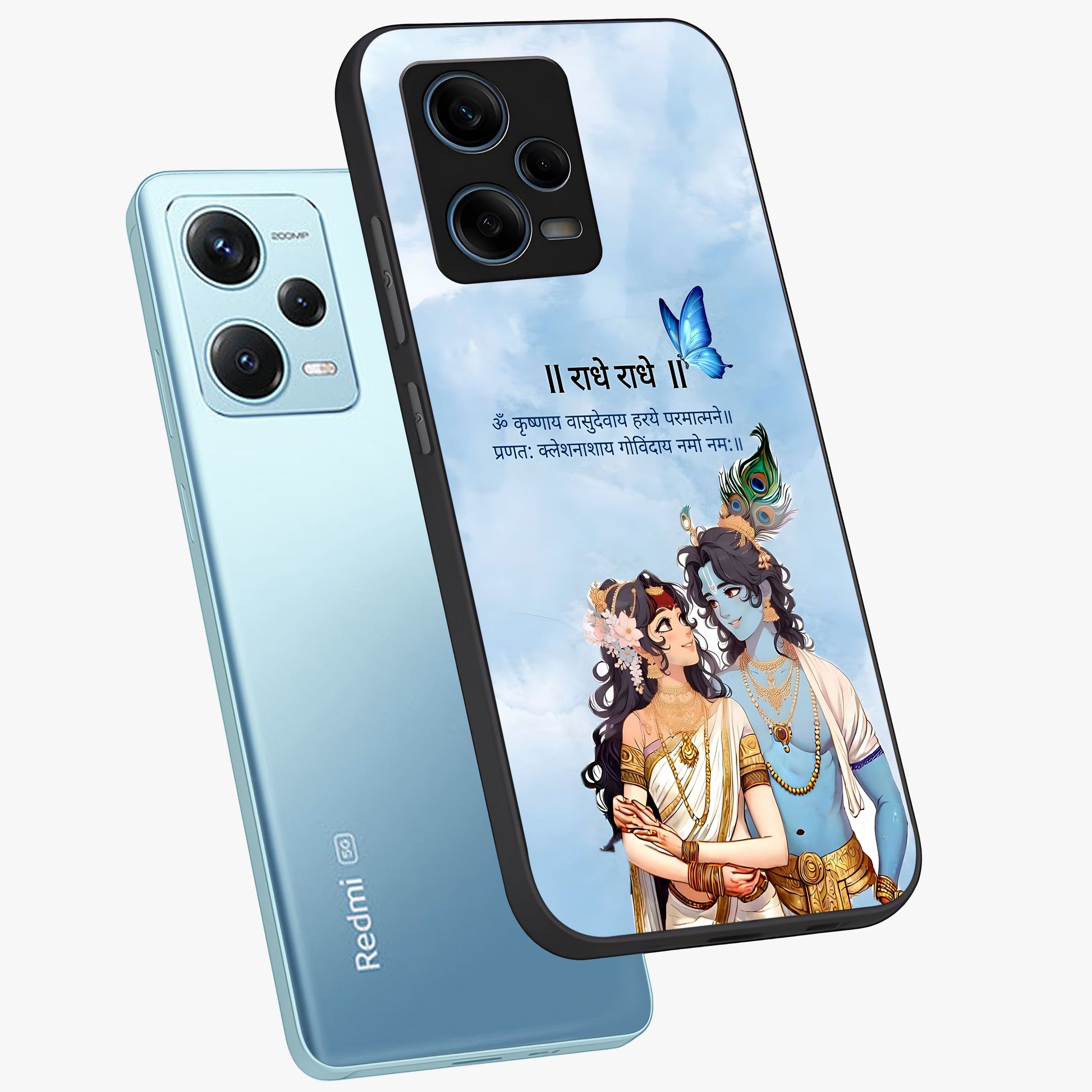 Radha Krishna Eternal Glass Case displayed in angled mockup highlighting divine Radha Krishna illustration with spiritual aesthetic.