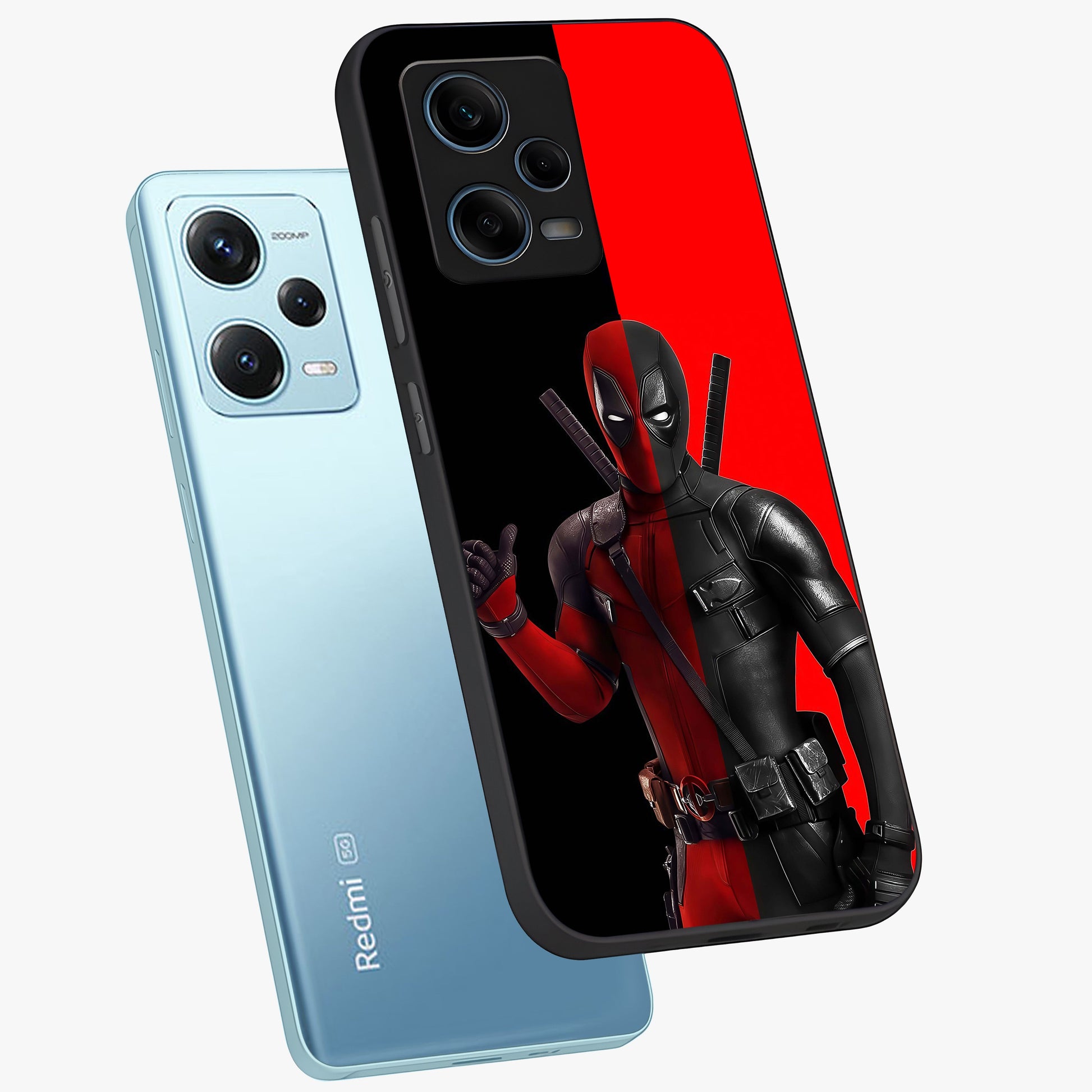 Red & Black Deadpool Theme Glass Case displayed in angled mockup highlighting vibrant superhero style illustration with action aesthetic.