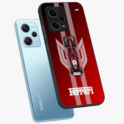 Red Ferrari F1 Vertical Glass Case displayed in angled mockup highlighting high speed racing design with bold automotive aesthetic.