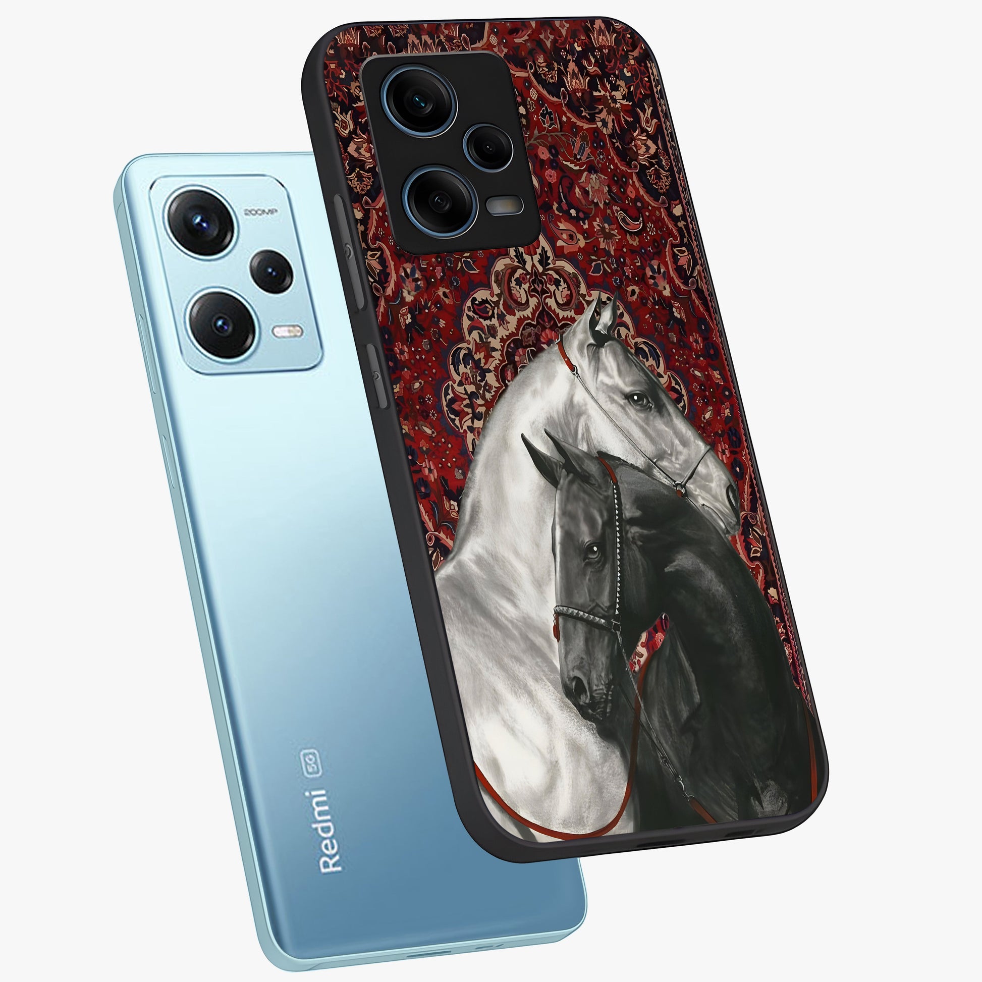 Regal Stallion Tapestry Glass Case displayed in angled mockup highlighting royal stallion design with decorative heritage aesthetic.