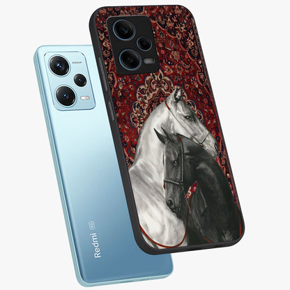 Regal Stallion Tapestry Glass Case displayed in angled mockup highlighting royal stallion design with decorative heritage aesthetic.