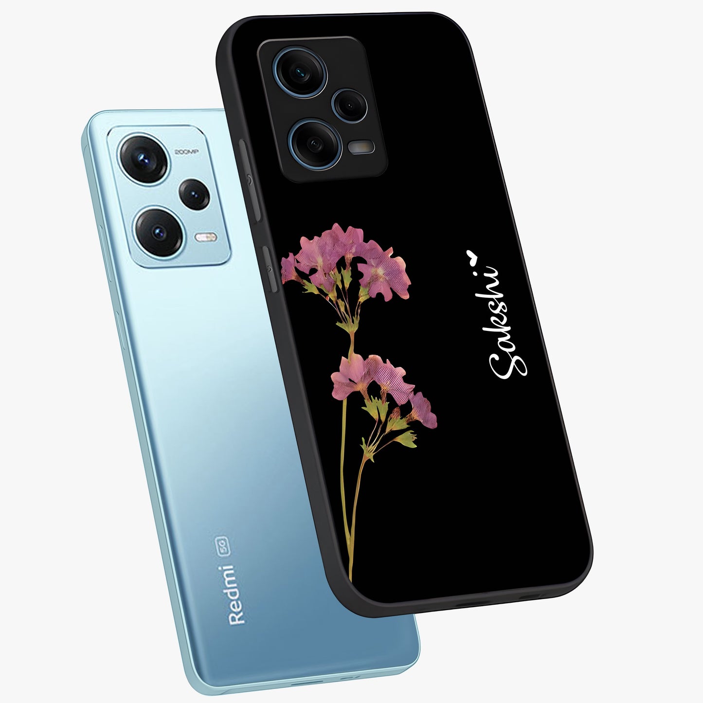 Riching Lavender Flower Custom Name Glass Case displayed in angled mockup highlighting delicate lavender flower design with custom name feature.