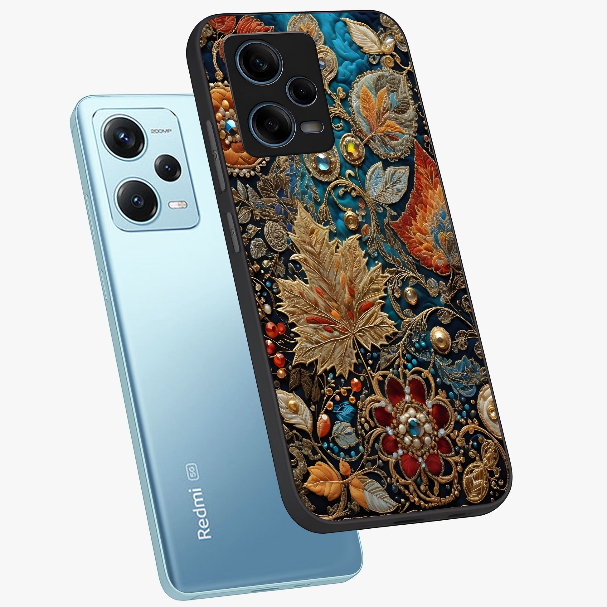 Royal Jewel Garden Glass Case displayed in angled mockup highlighting vibrant jewel inspired floral design with elegant aesthetic.
