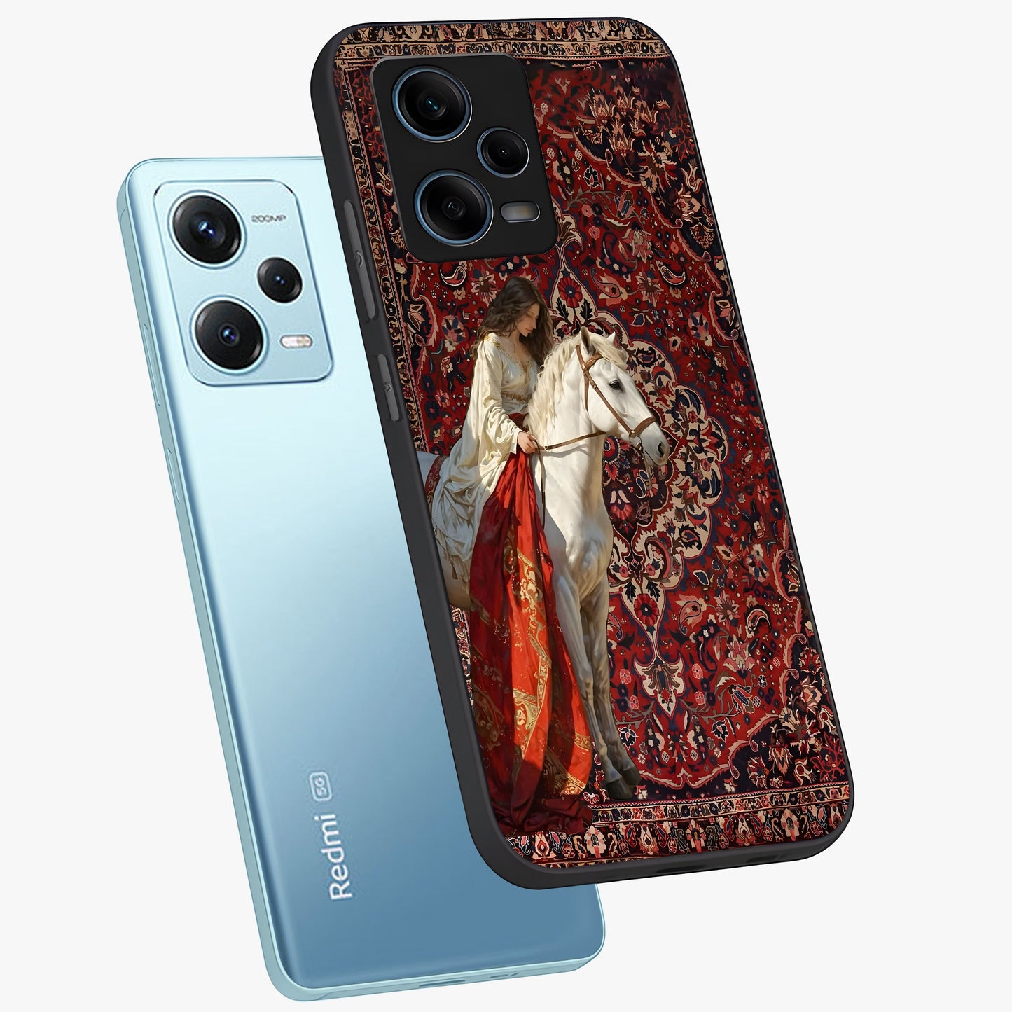 Royal Rider Tapestry Glass Case displayed in angled mockup highlighting traditional tapestry design with royal heritage aesthetic.