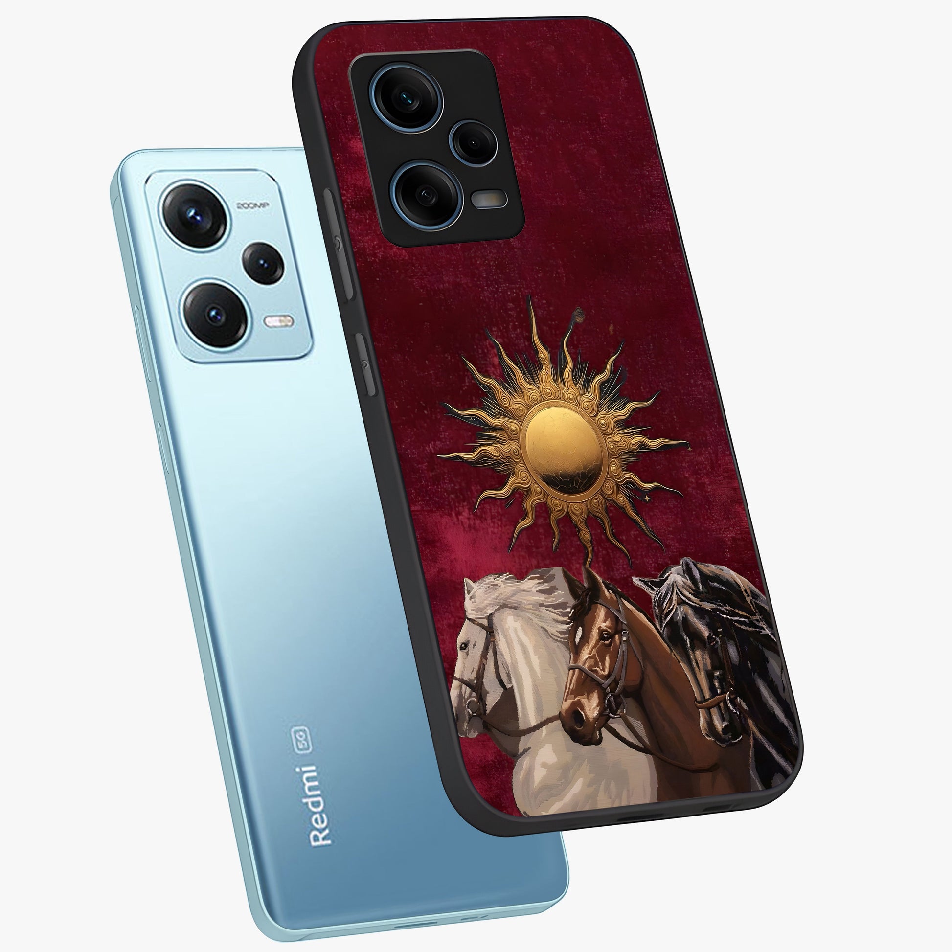 Solar Riders Glass Case displayed in angled mockup highlighting powerful rider illustration with radiant solar aesthetic.
