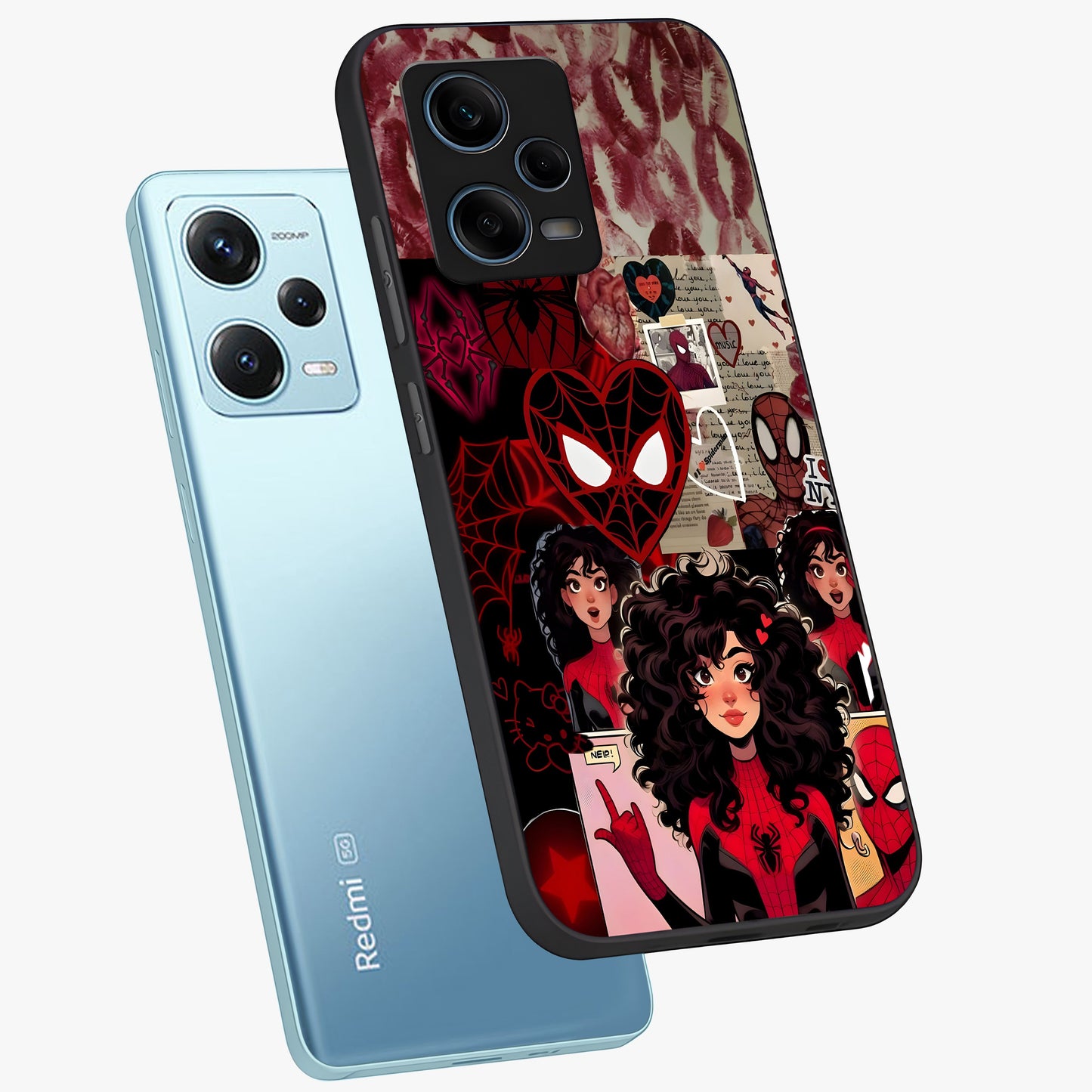 Spider Love Story Glass Case displayed in angled mockup highlighting expressive comic inspired design with playful aesthetic.