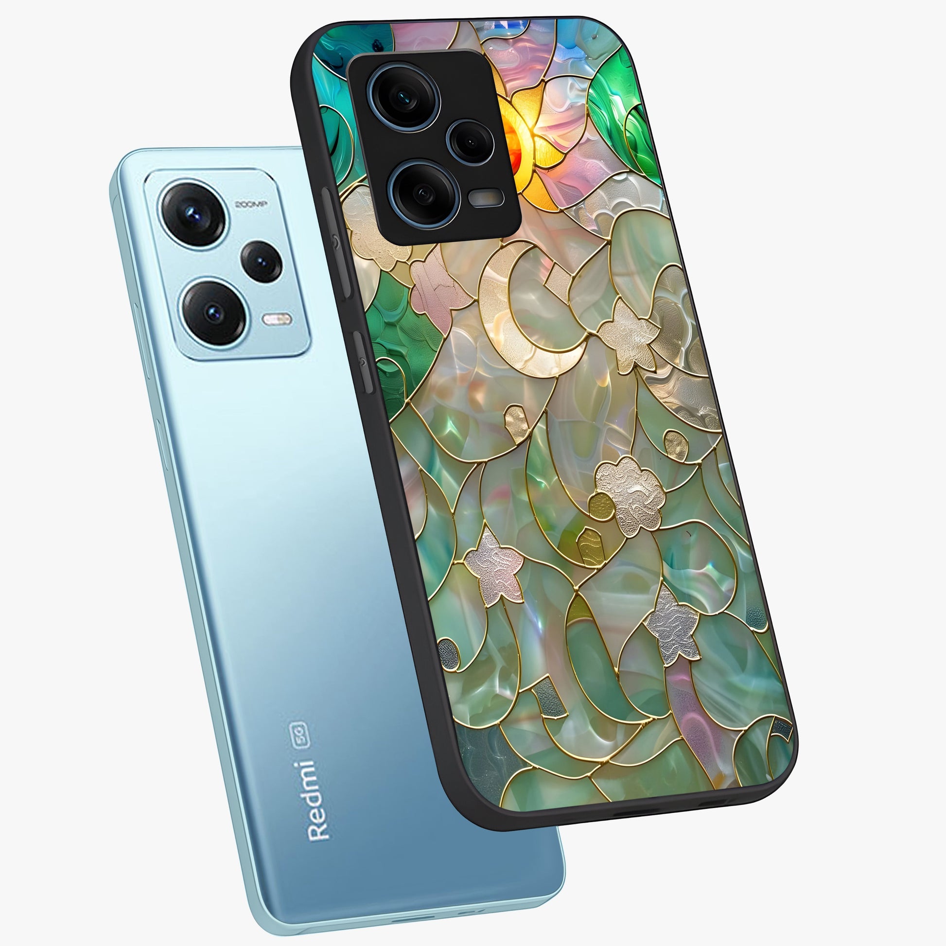 Stained Sunrise Glow Glass Case displayed in angled mockup highlighting radiant sunrise design with artistic aesthetic style.