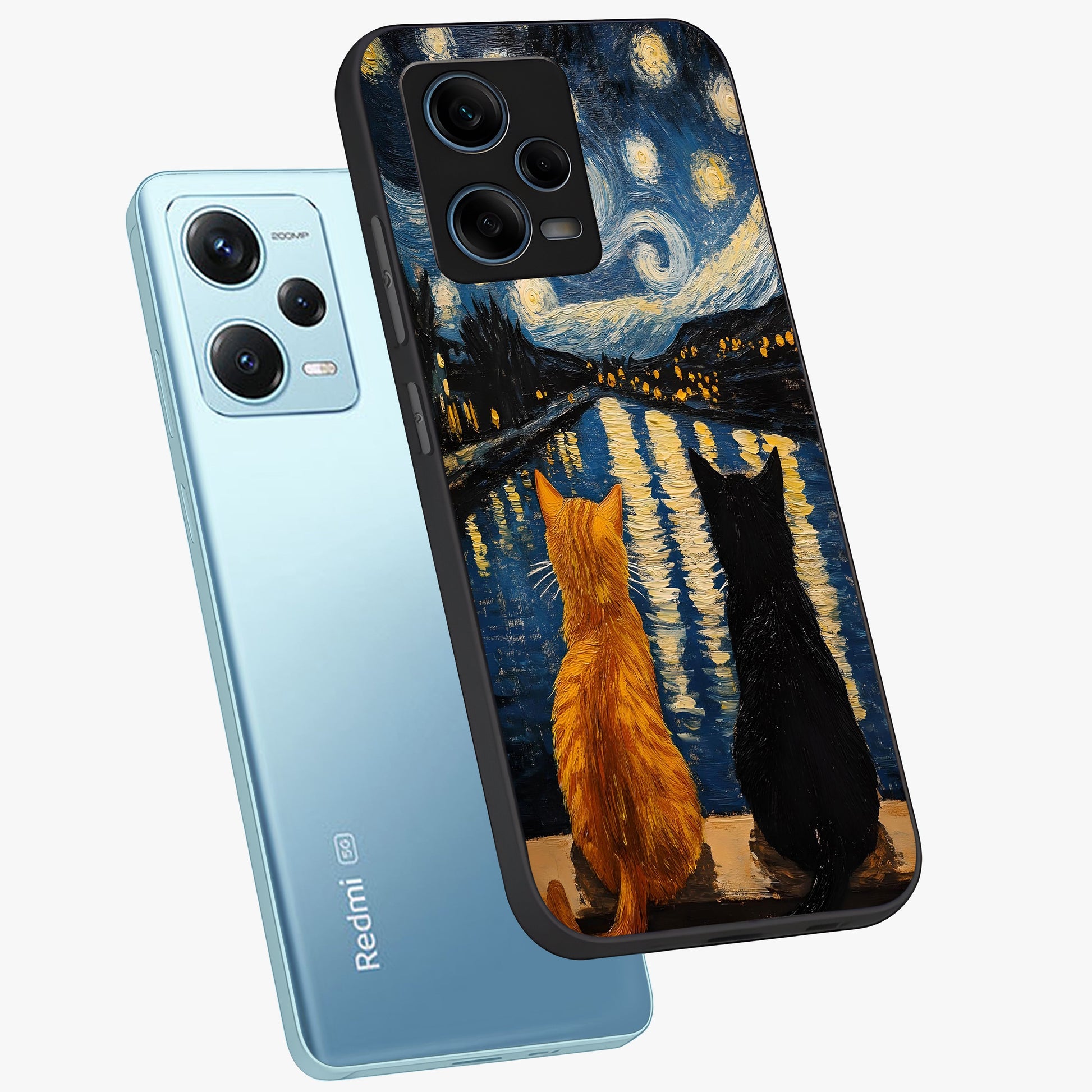 Starry River Cats Glass Case displayed in angled mockup highlighting charming feline illustration with dreamy night aesthetic.