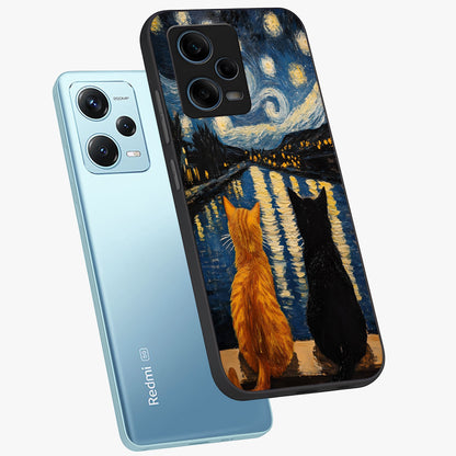 Starry River Cats Glass Case displayed in angled mockup highlighting charming feline illustration with dreamy night aesthetic.